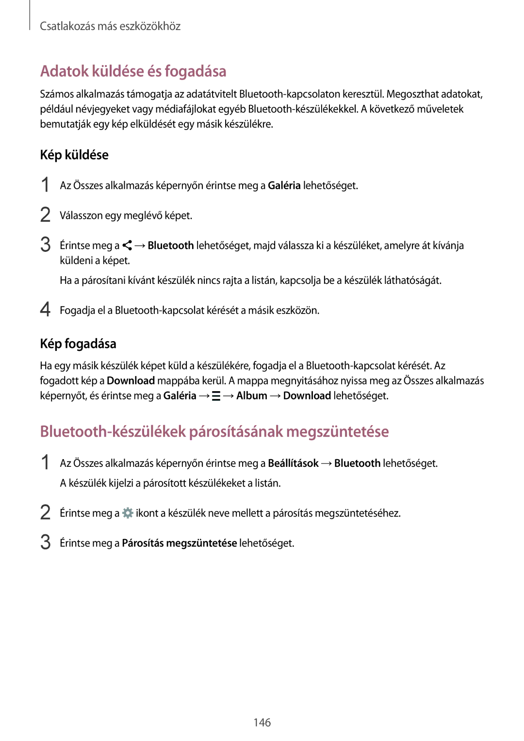 Samsung SM-N915FZKYEUR manual Adatok küldése és fogadása, Bluetooth-készülékek párosításának megszüntetése, Kép küldése 