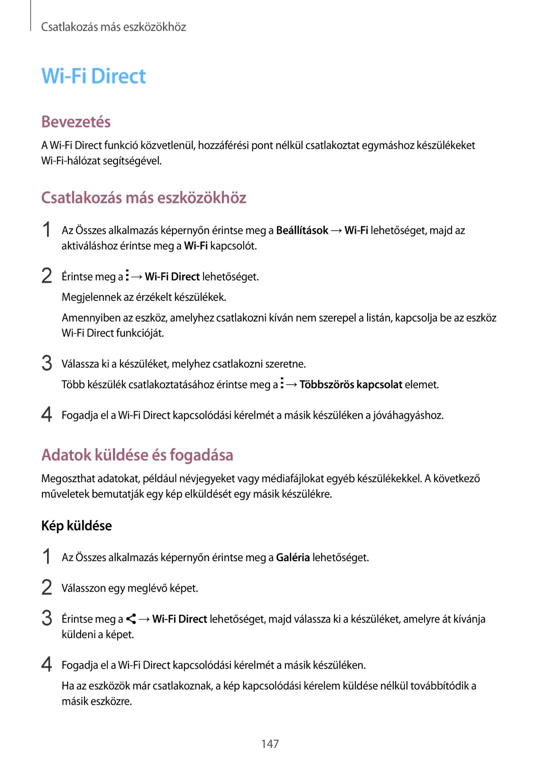 Samsung SM-N915FZWYATO, SM-N915FZWYEUR, SM-N915FZKYATO, SM-N915FZWYXEO manual Wi-Fi Direct, Csatlakozás más eszközökhöz 