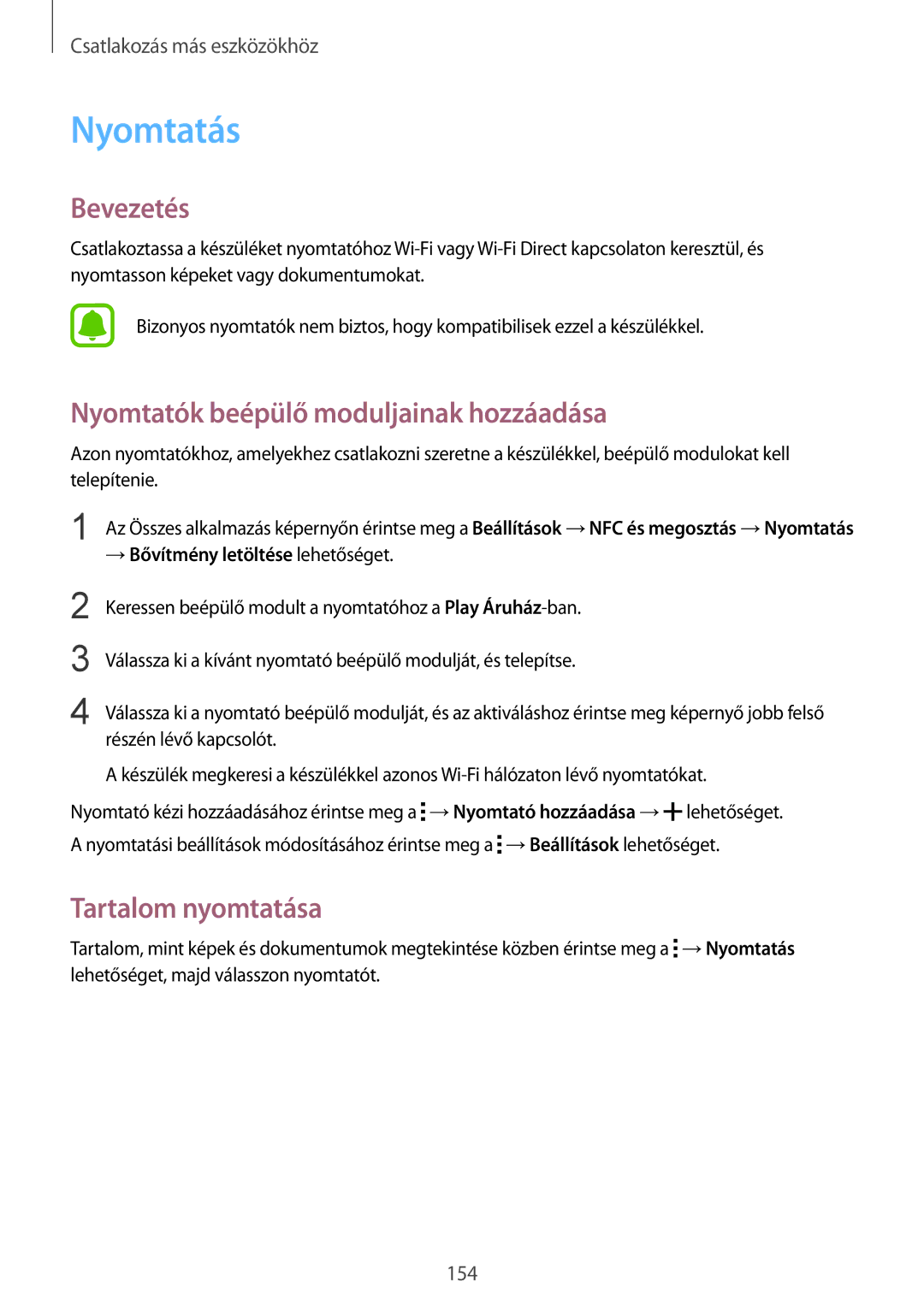 Samsung SM-N915FZKYETL, SM-N915FZWYEUR manual Nyomtatás, Nyomtatók beépülő moduljainak hozzáadása, Tartalom nyomtatása 