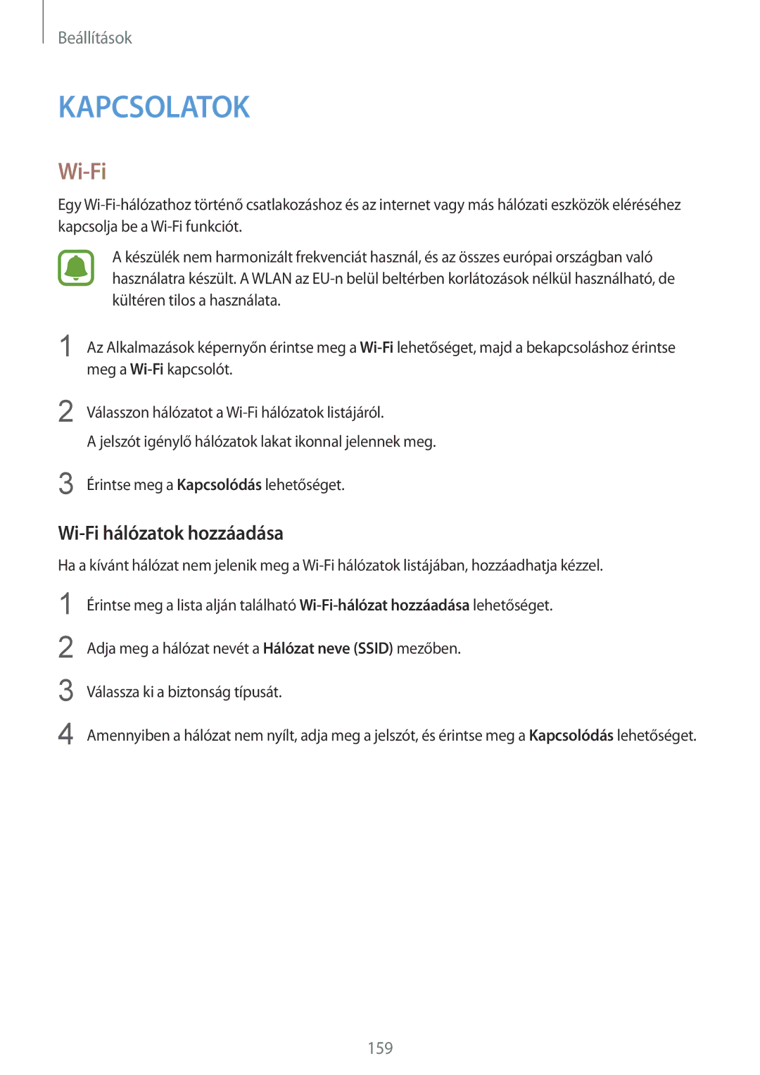 Samsung SM-N915FZKYEUR, SM-N915FZWYEUR, SM-N915FZKYATO, SM-N915FZWYXEO, SM-N915FZWYATO manual Wi-Fi hálózatok hozzáadása 