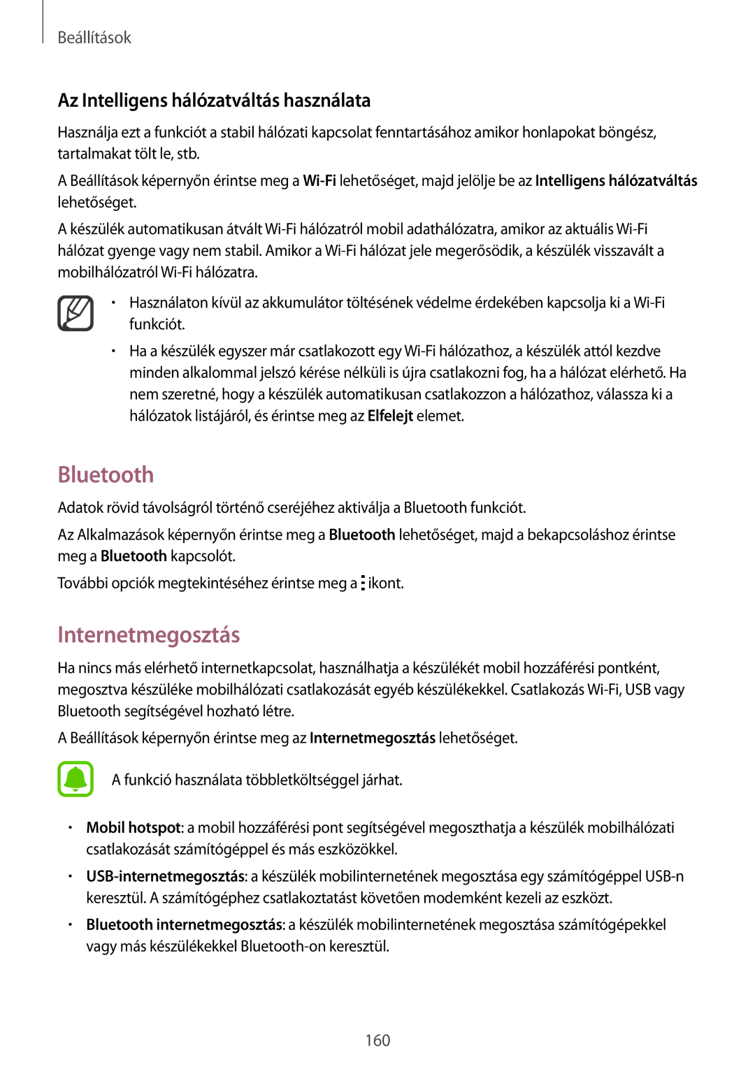 Samsung SM-N915FZWYATO, SM-N915FZWYEUR manual Bluetooth, Internetmegosztás, Az Intelligens hálózatváltás használata 