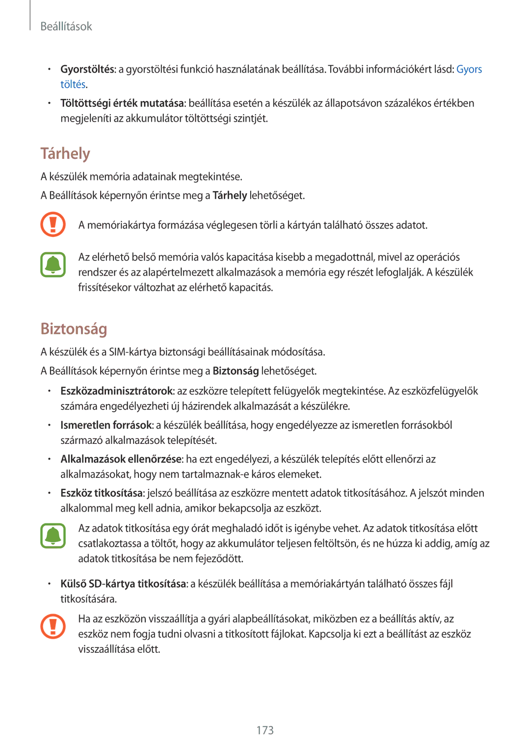 Samsung SM-N915FZWYATO, SM-N915FZWYEUR, SM-N915FZKYATO, SM-N915FZWYXEO, SM-N915FZKYEUR, SM-N915FZKYXEO manual Tárhely, Biztonság 