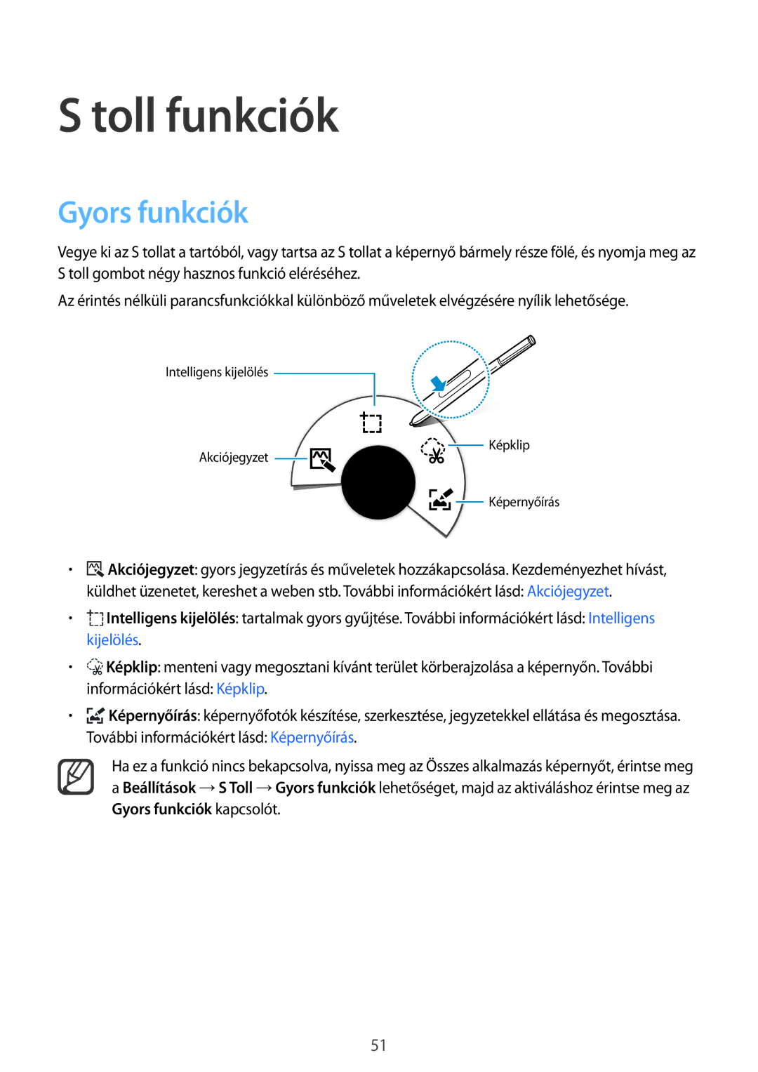 Samsung SM-N915FZKYXEH, SM-N915FZWYEUR, SM-N915FZKYATO, SM-N915FZWYXEO, SM-N915FZKYEUR manual Toll funkciók, Gyors funkciók 