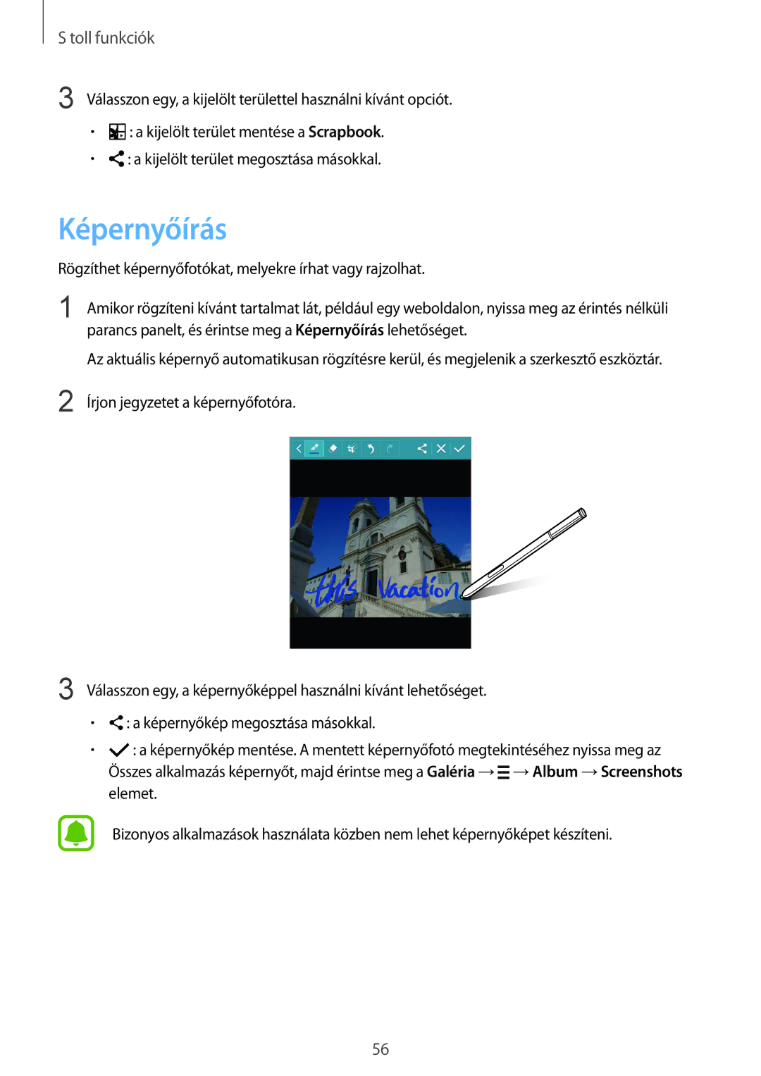 Samsung SM-N915FZWYATO, SM-N915FZWYEUR manual Képernyőírás, Rögzíthet képernyőfotókat, melyekre írhat vagy rajzolhat 