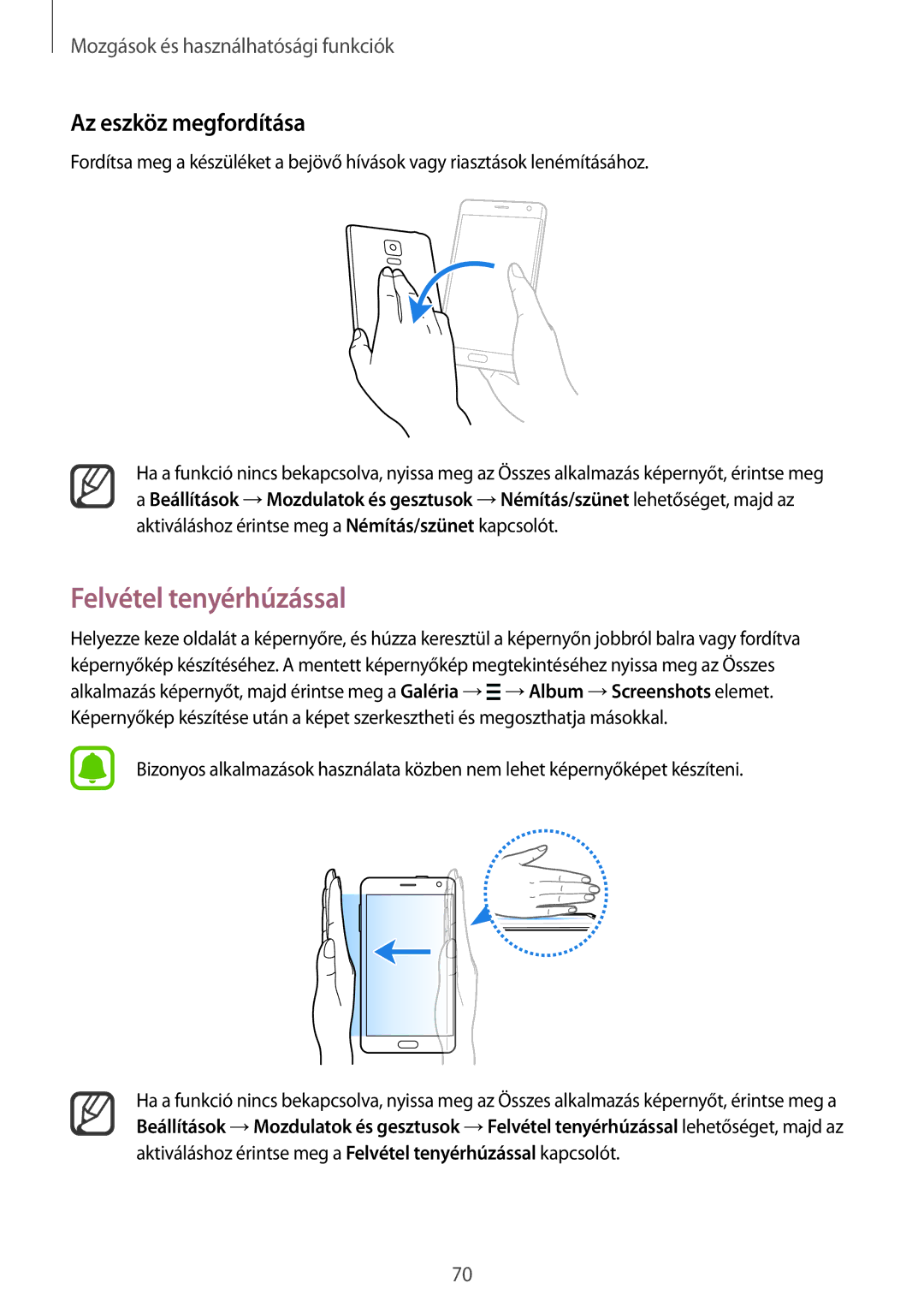 Samsung SM-N915FZKYXEO, SM-N915FZWYEUR, SM-N915FZKYATO, SM-N915FZWYXEO manual Felvétel tenyérhúzással, Az eszköz megfordítása 