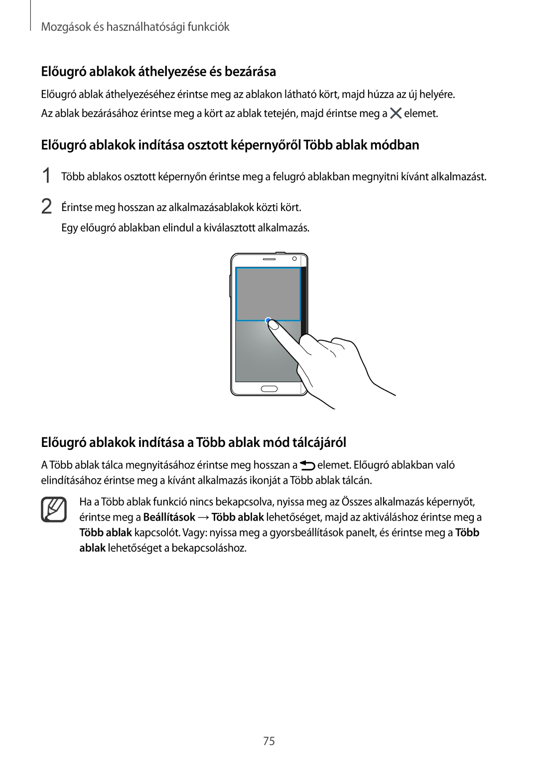 Samsung SM-N915FZWYAUT manual Előugró ablakok áthelyezése és bezárása, Előugró ablakok indítása a Több ablak mód tálcájáról 