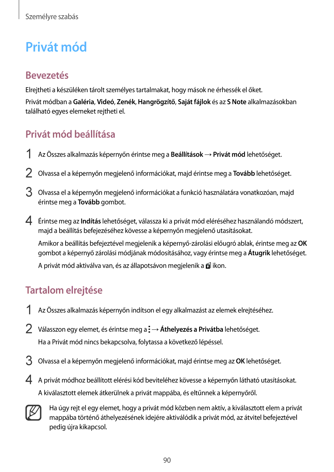 Samsung SM-N915FZKYXEH, SM-N915FZWYEUR, SM-N915FZKYATO, SM-N915FZWYXEO manual Privát mód beállítása, Tartalom elrejtése 