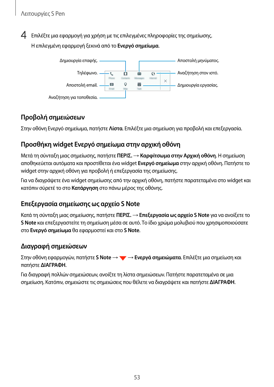 Samsung SM-N915FZWYEUR manual Προβολή σημειώσεων, Προσθήκη widget Ενεργό σημείωμα στην αρχική οθόνη, Διαγραφή σημειώσεων 