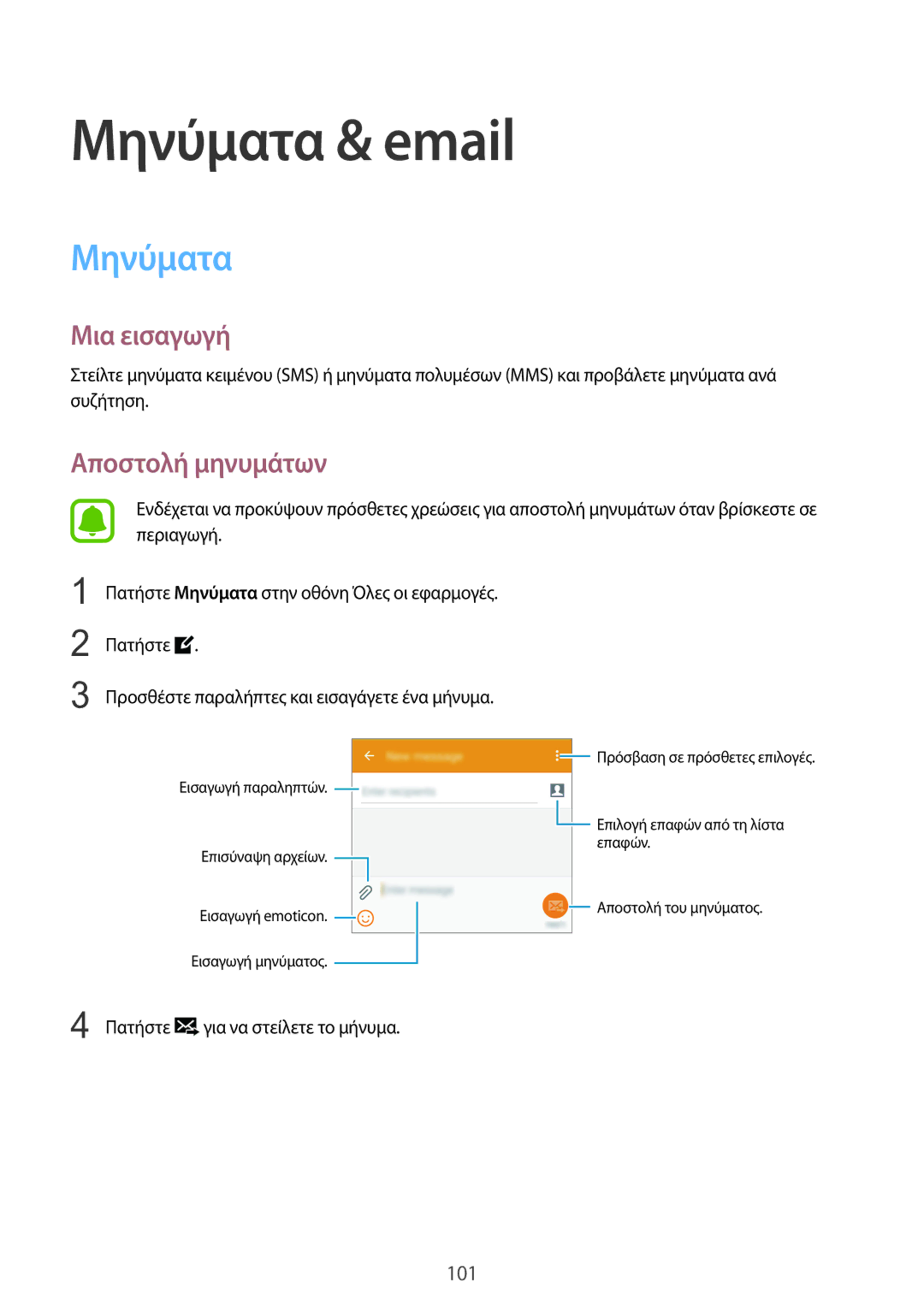 Samsung SM-N915FZWYEUR manual Μηνύματα & email, Αποστολή μηνυμάτων 