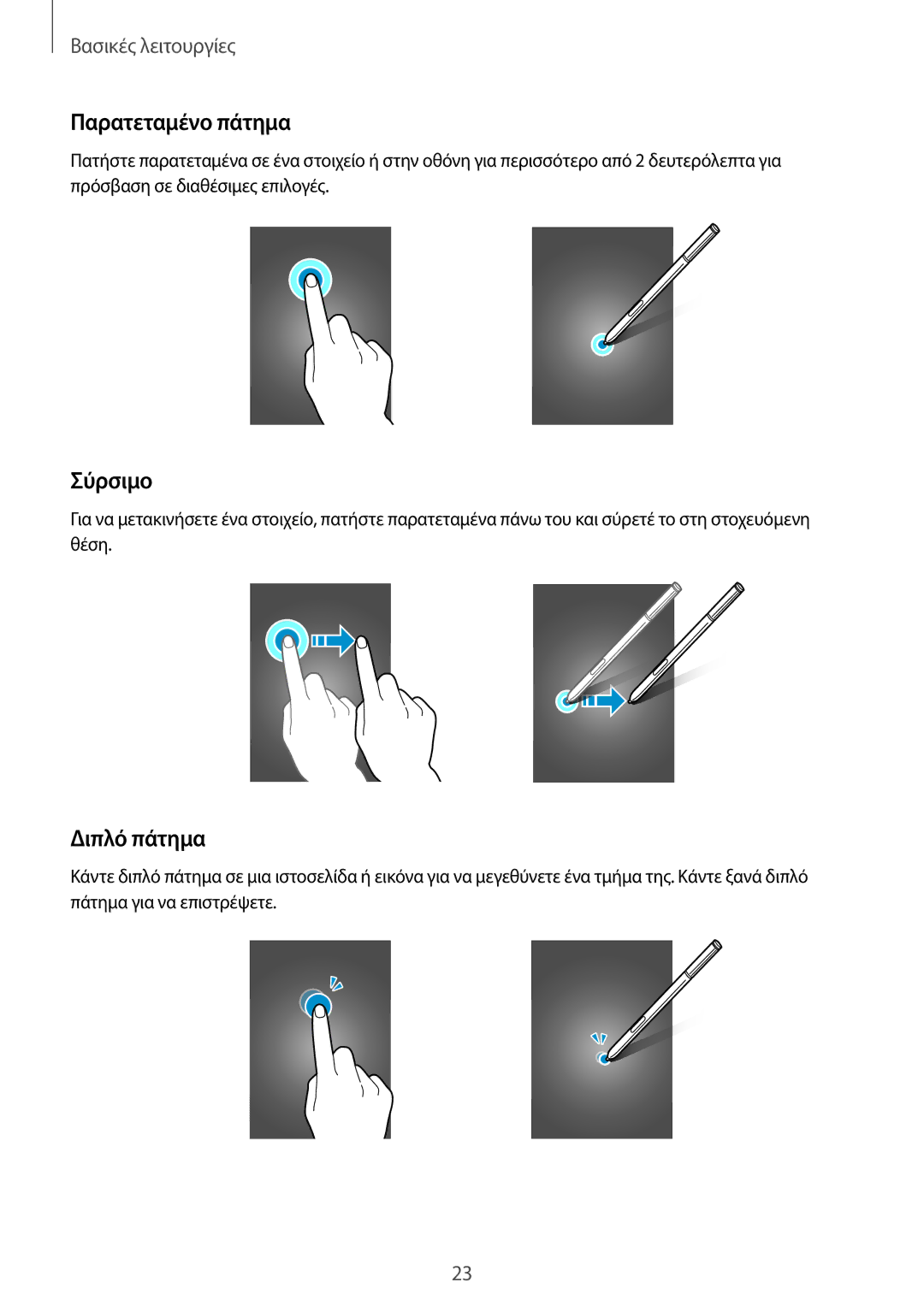Samsung SM-N915FZWYEUR manual Παρατεταμένο πάτημα, Σύρσιμο, Διπλό πάτημα 