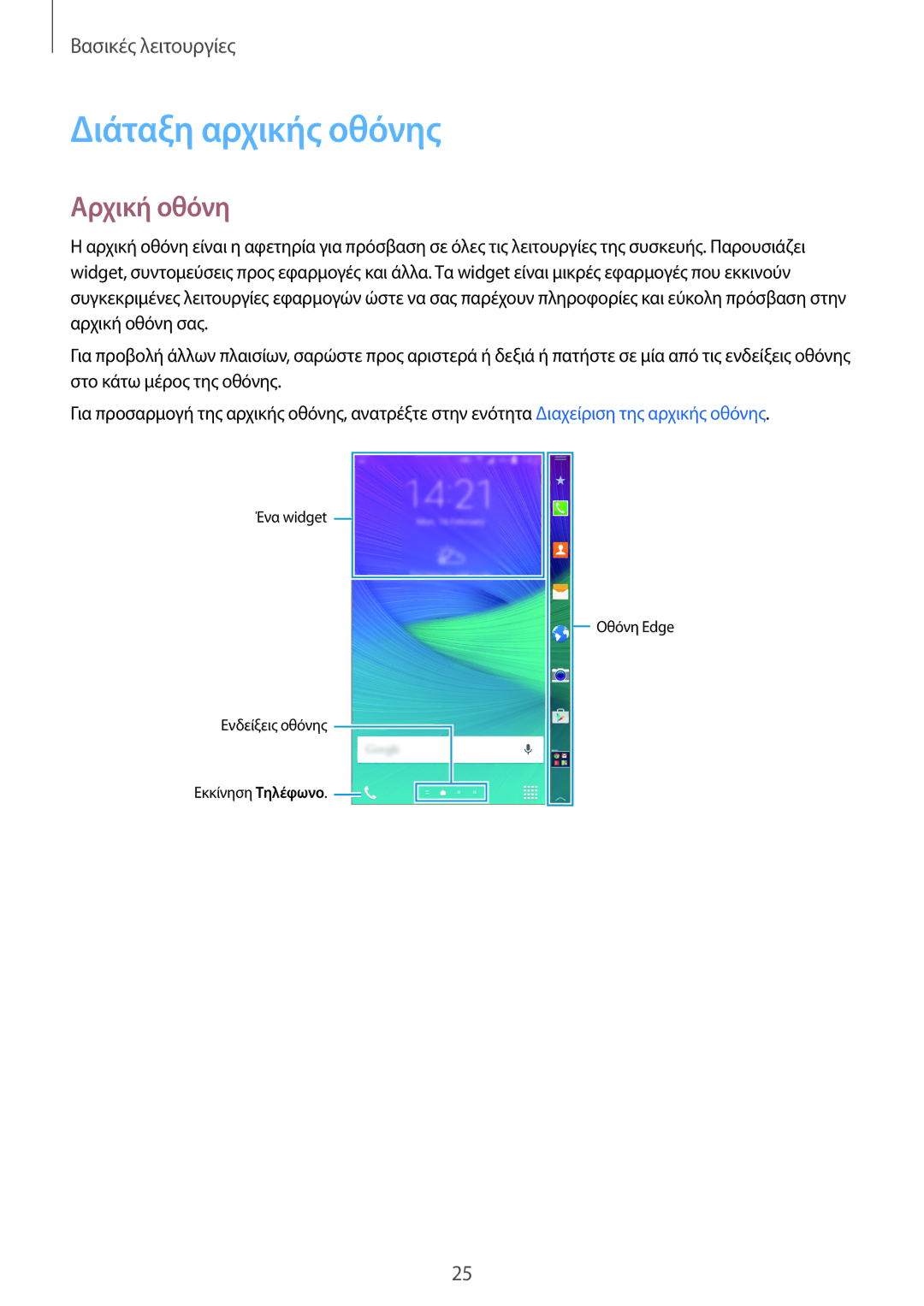 Samsung SM-N915FZWYEUR manual Διάταξη αρχικής οθόνης, Αρχική οθόνη 