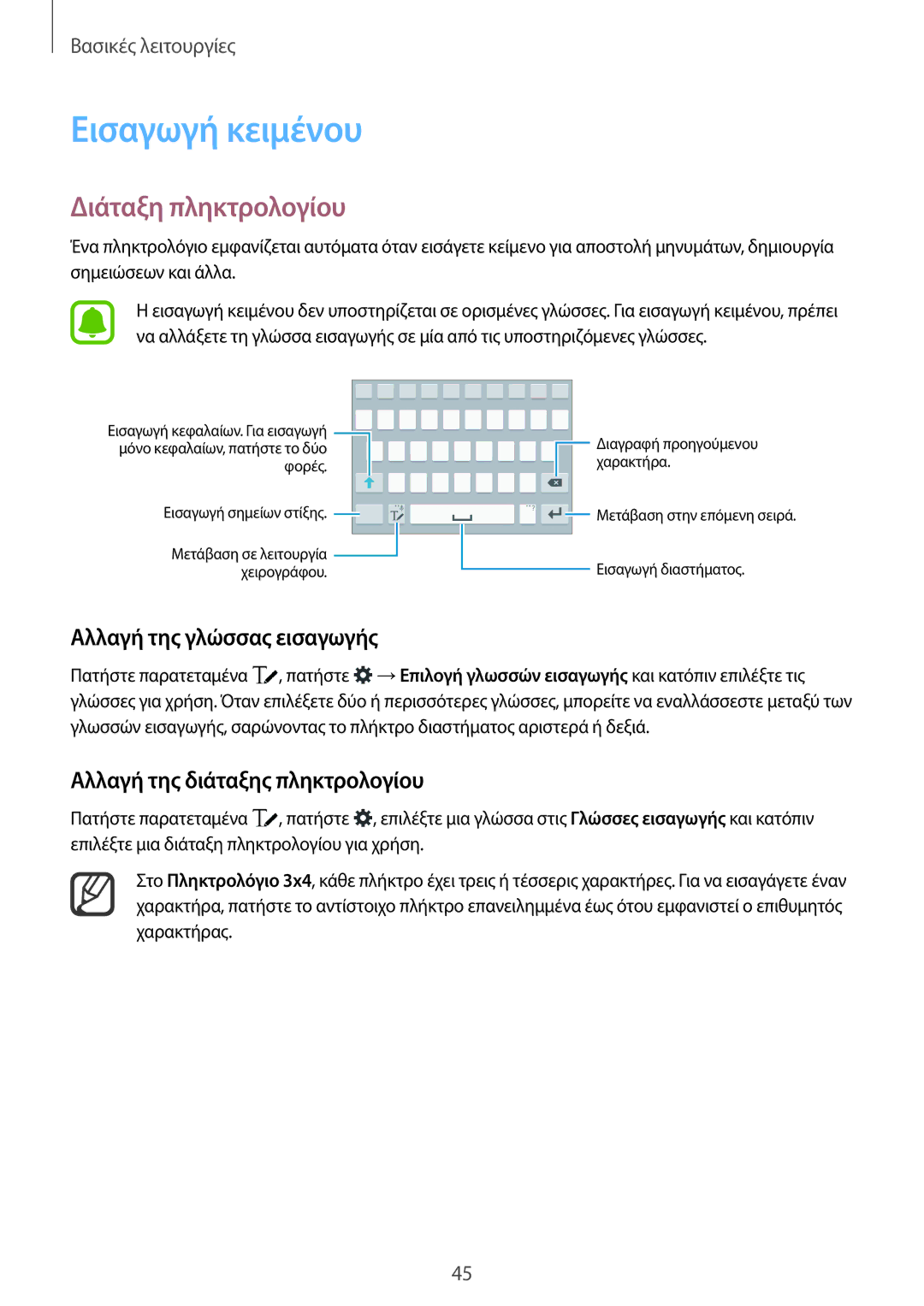 Samsung SM-N915FZWYEUR manual Εισαγωγή κειμένου, Διάταξη πληκτρολογίου, Αλλαγή της γλώσσας εισαγωγής 