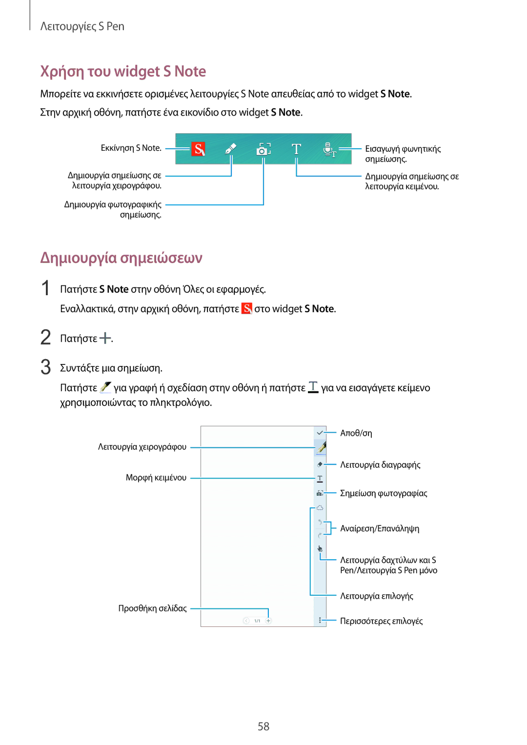 Samsung SM-N915FZWYEUR manual Χρήση του widget S Note, Δημιουργία σημειώσεων 