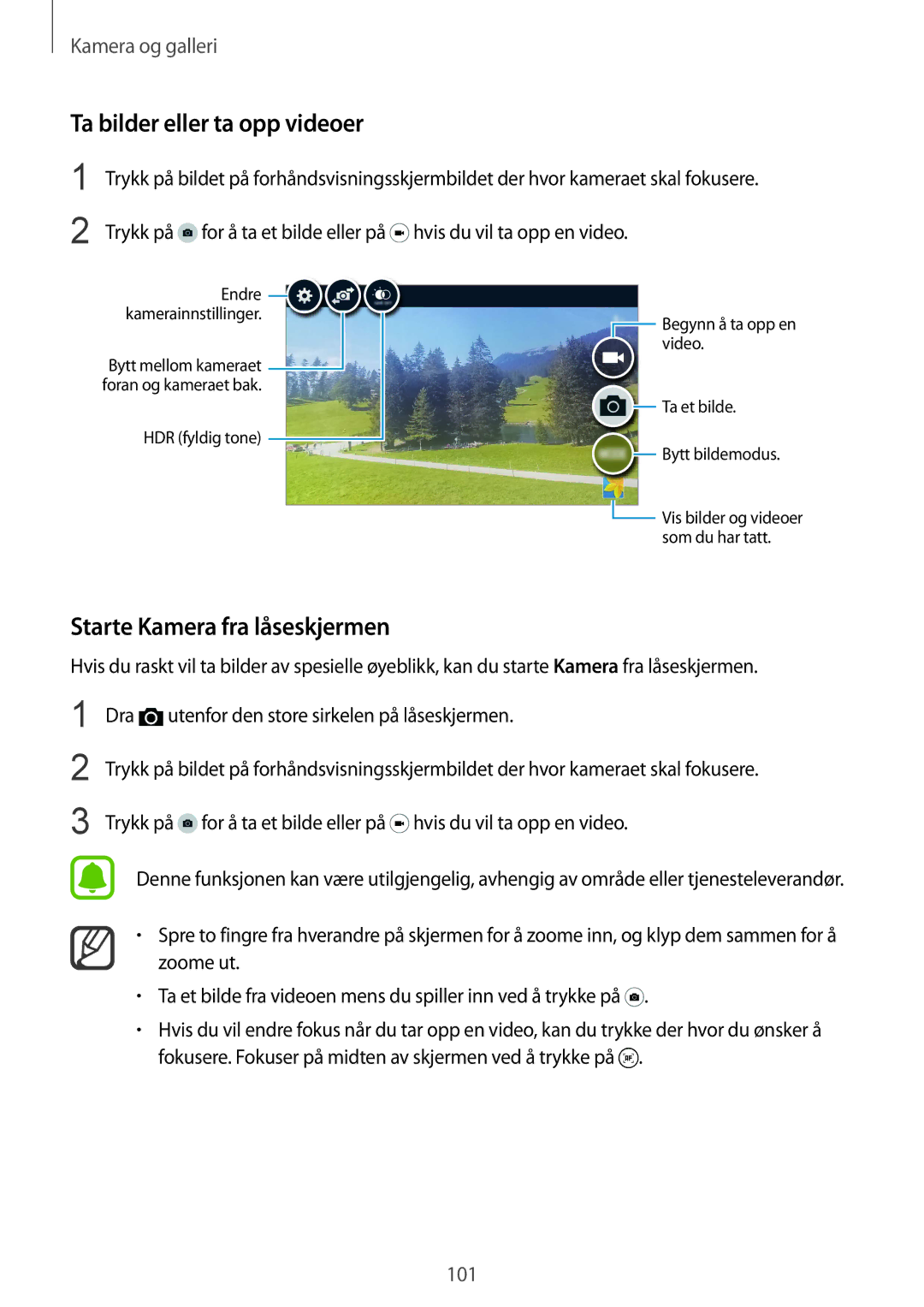 Samsung SM-N915FZKYNEE, SM-N915FZWYNEE manual Ta bilder eller ta opp videoer, Starte Kamera fra låseskjermen 