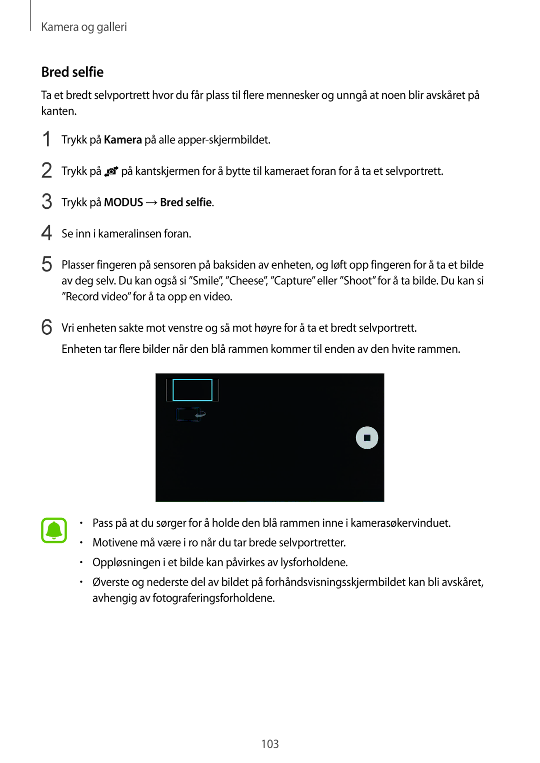 Samsung SM-N915FZKYNEE, SM-N915FZWYNEE manual Trykk på Modus →Bred selfie 