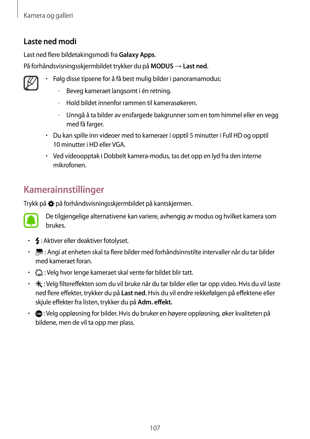 Samsung SM-N915FZKYNEE, SM-N915FZWYNEE manual Kamerainnstillinger, Laste ned modi 