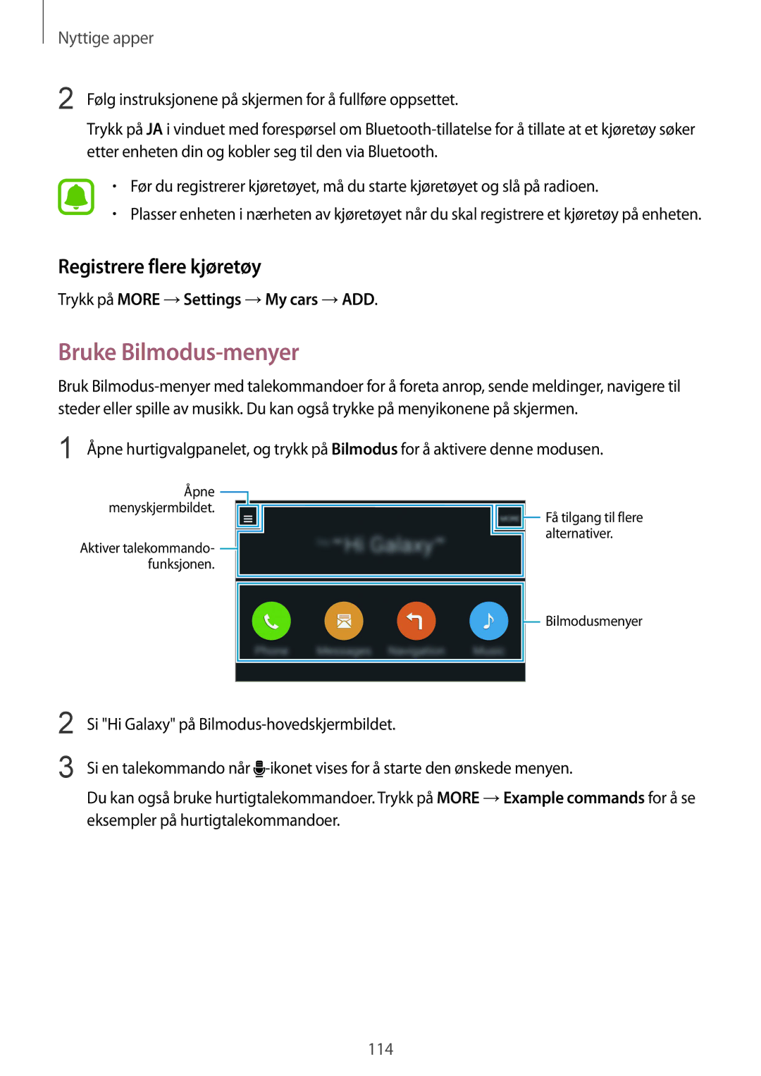 Samsung SM-N915FZWYNEE, SM-N915FZKYNEE manual Bruke Bilmodus-menyer, Registrere flere kjøretøy 