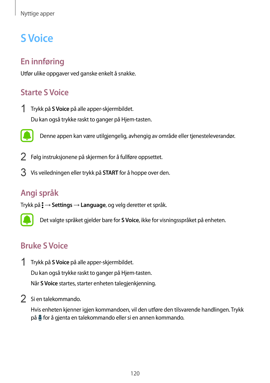 Samsung SM-N915FZWYNEE, SM-N915FZKYNEE manual Starte S Voice, Angi språk, Bruke S Voice 