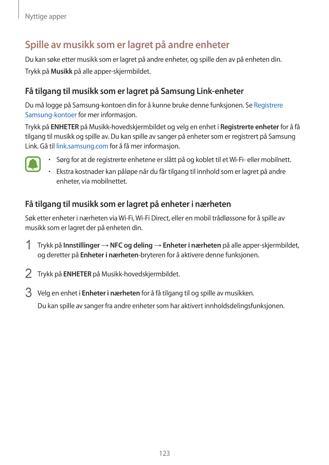 Samsung SM-N915FZKYNEE, SM-N915FZWYNEE manual Spille av musikk som er lagret på andre enheter 