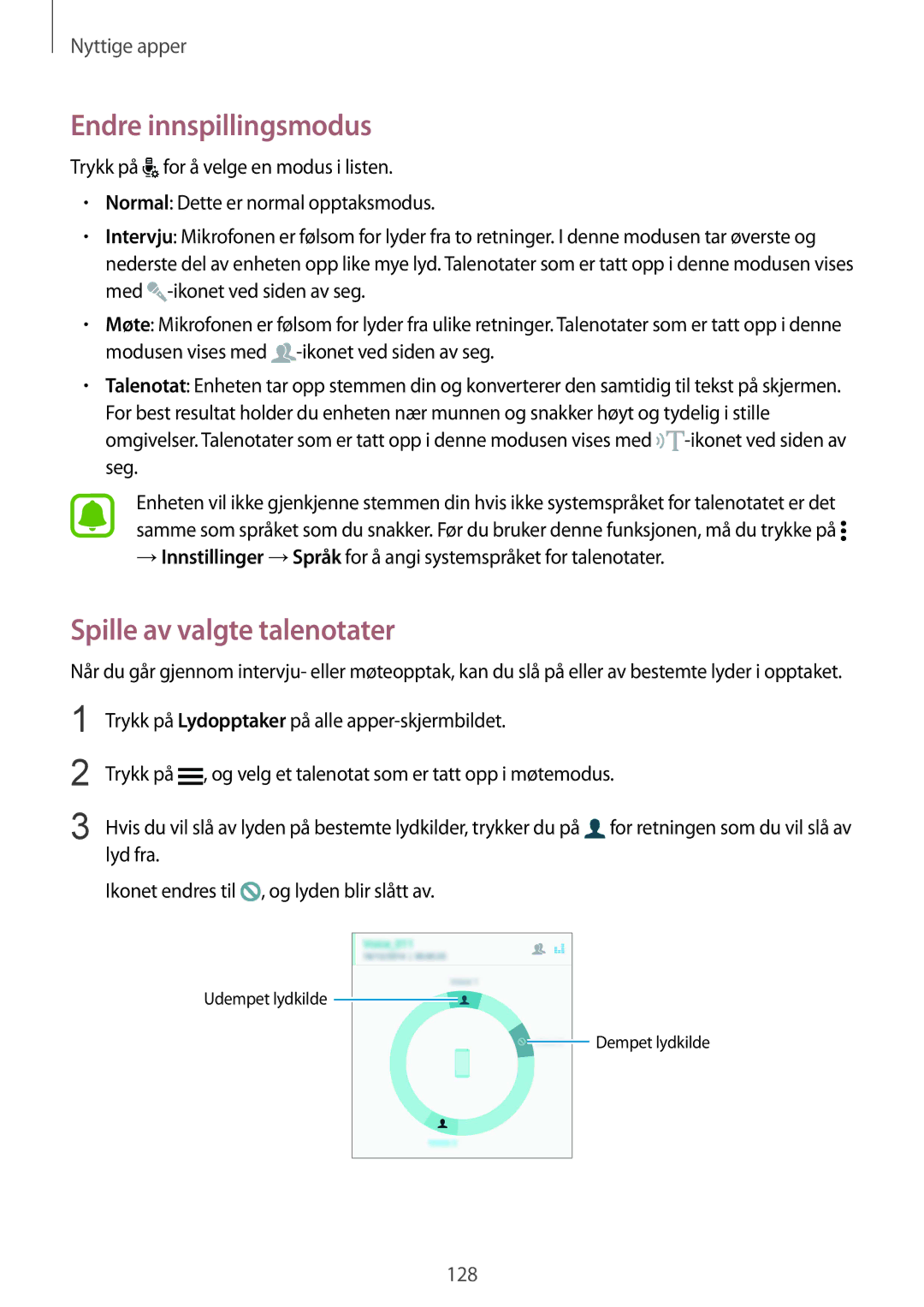 Samsung SM-N915FZWYNEE, SM-N915FZKYNEE manual Endre innspillingsmodus, Spille av valgte talenotater 