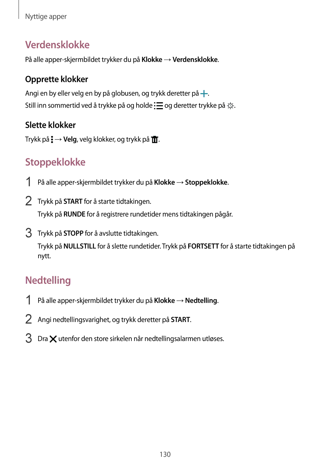 Samsung SM-N915FZWYNEE, SM-N915FZKYNEE manual Verdensklokke, Stoppeklokke, Nedtelling, Opprette klokker, Slette klokker 