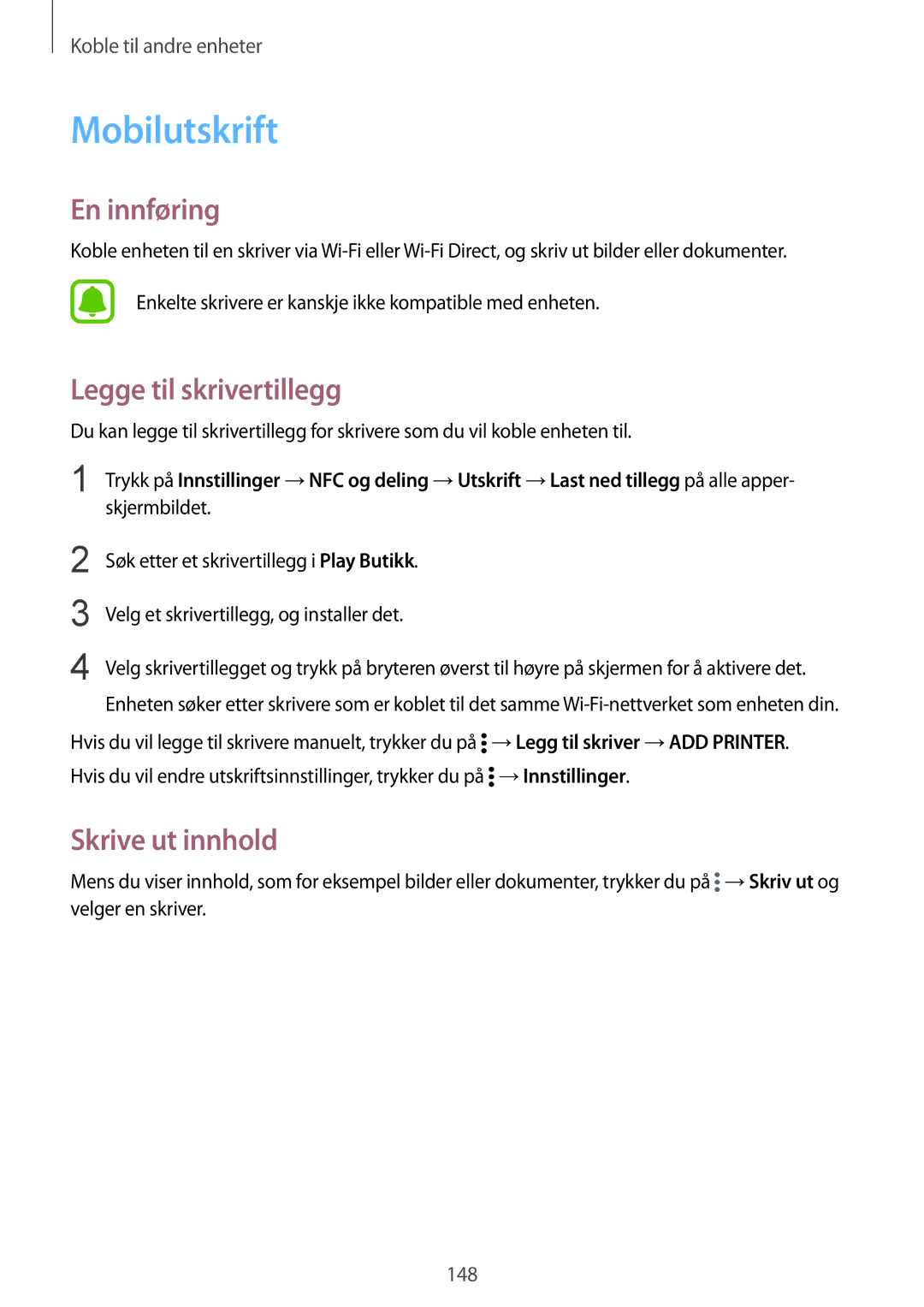 Samsung SM-N915FZWYNEE, SM-N915FZKYNEE manual Mobilutskrift, Legge til skrivertillegg, Skrive ut innhold 