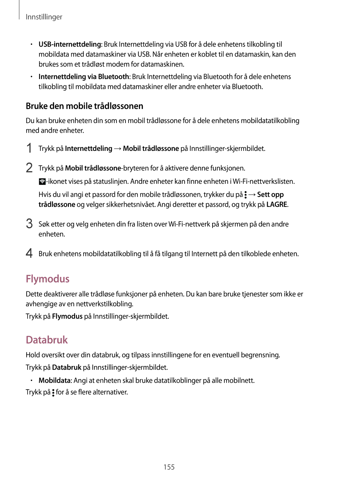 Samsung SM-N915FZKYNEE, SM-N915FZWYNEE manual Flymodus, Databruk, Bruke den mobile trådløssonen 