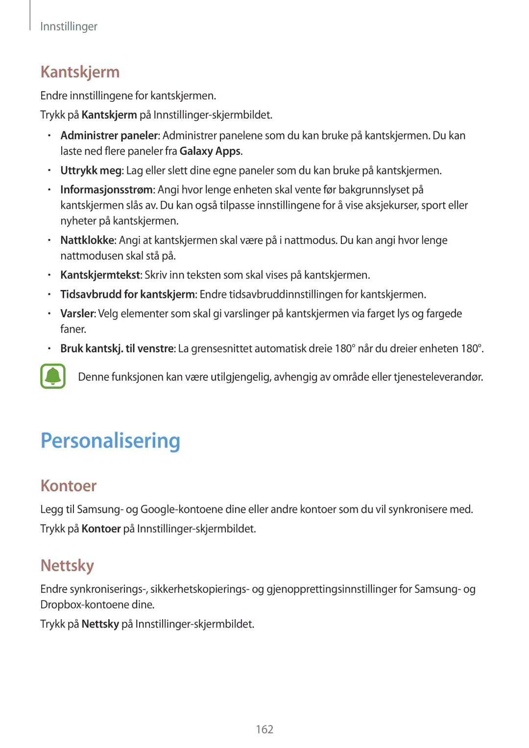 Samsung SM-N915FZWYNEE, SM-N915FZKYNEE manual Personalisering, Kantskjerm, Kontoer, Nettsky 