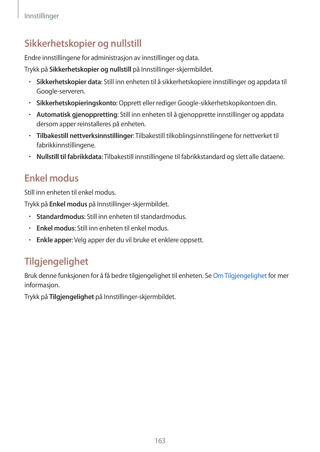 Samsung SM-N915FZKYNEE, SM-N915FZWYNEE manual Sikkerhetskopier og nullstill, Enkel modus, Tilgjengelighet 