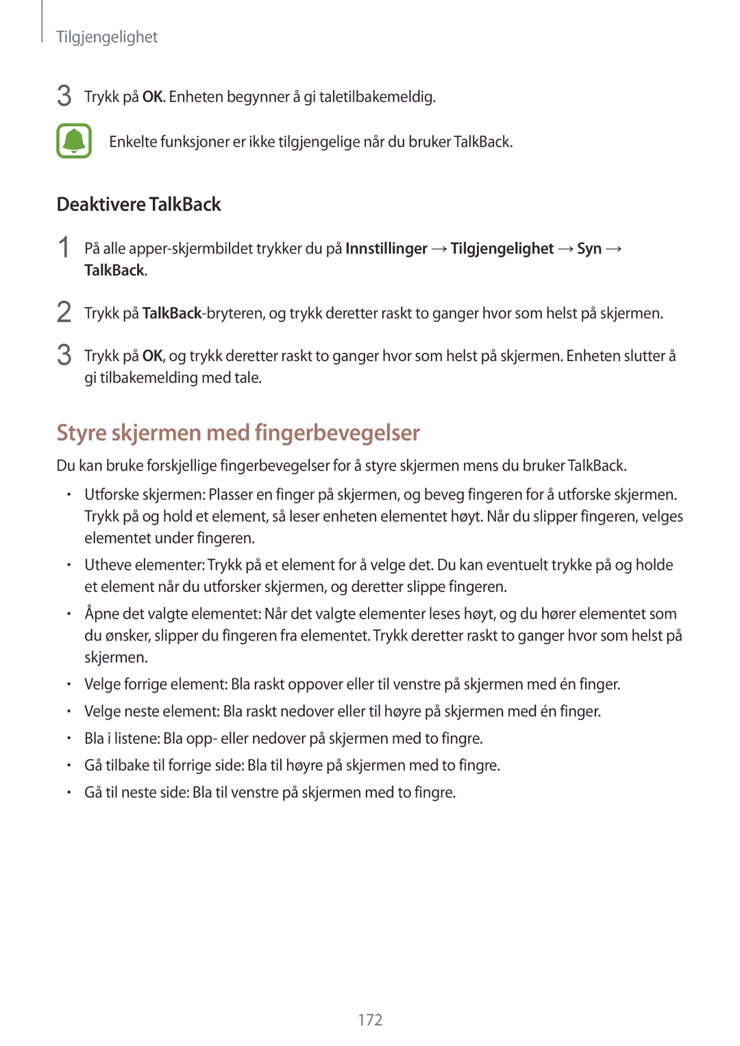 Samsung SM-N915FZWYNEE, SM-N915FZKYNEE manual Styre skjermen med fingerbevegelser, Deaktivere TalkBack 