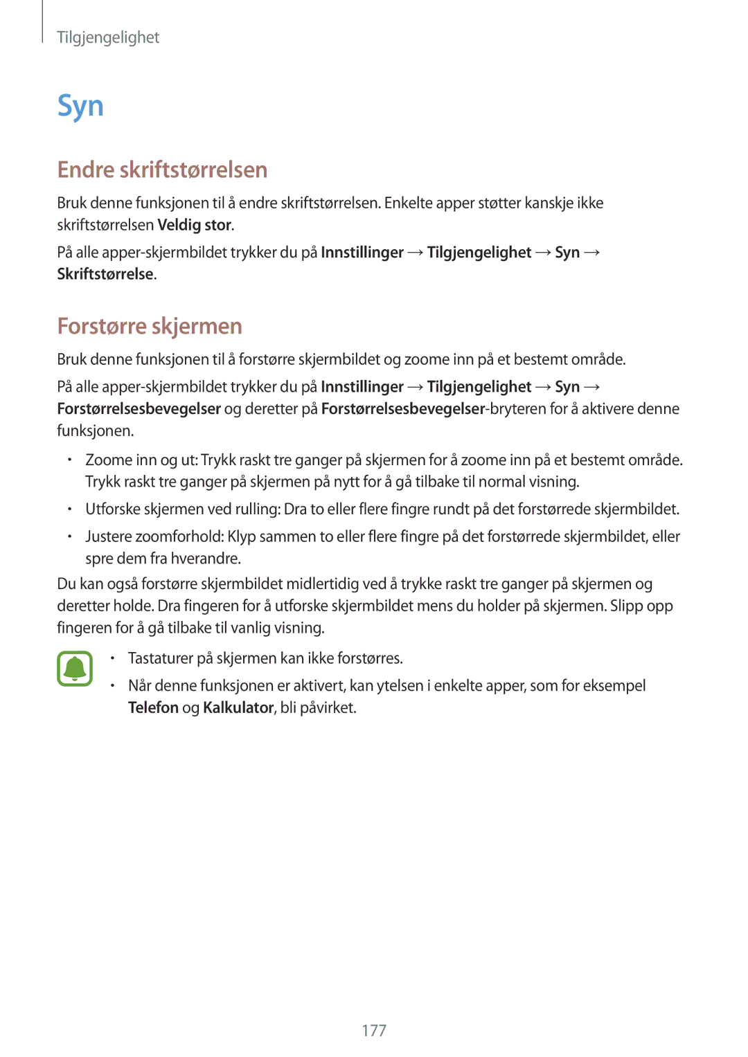 Samsung SM-N915FZKYNEE, SM-N915FZWYNEE manual Syn, Endre skriftstørrelsen, Forstørre skjermen 