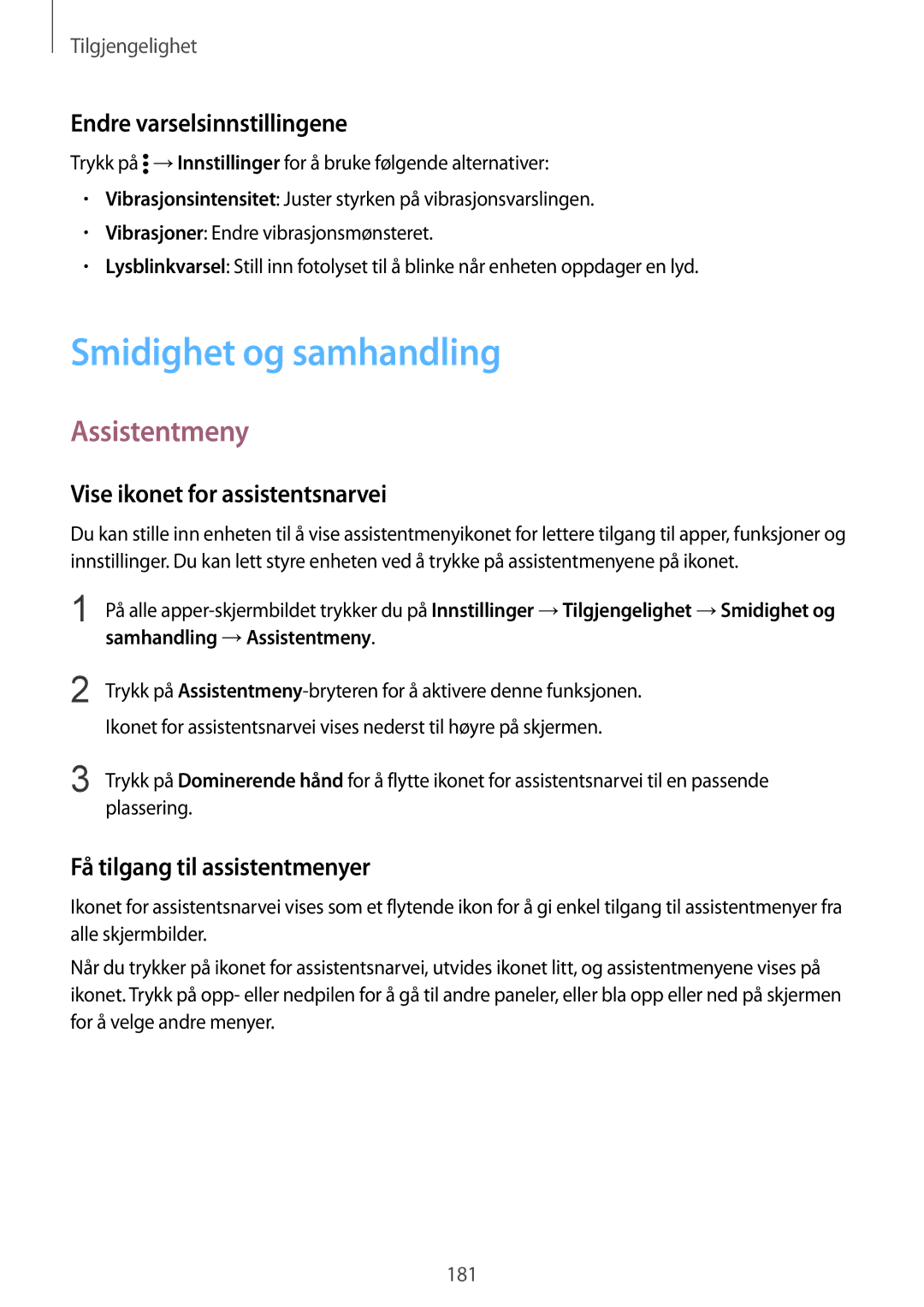 Samsung SM-N915FZKYNEE, SM-N915FZWYNEE manual Smidighet og samhandling, Assistentmeny, Endre varselsinnstillingene 