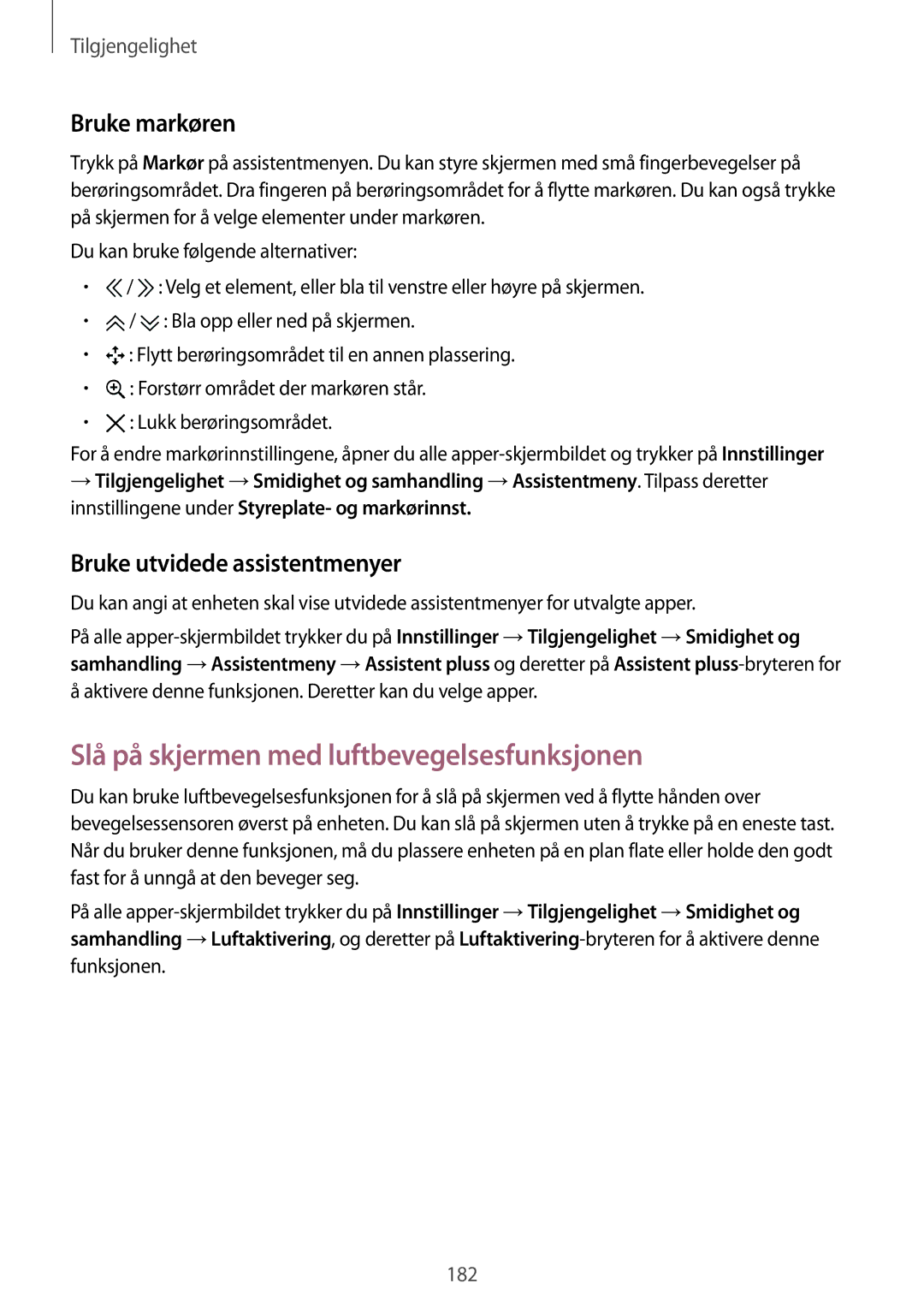 Samsung SM-N915FZWYNEE manual Slå på skjermen med luftbevegelsesfunksjonen, Bruke markøren, Bruke utvidede assistentmenyer 