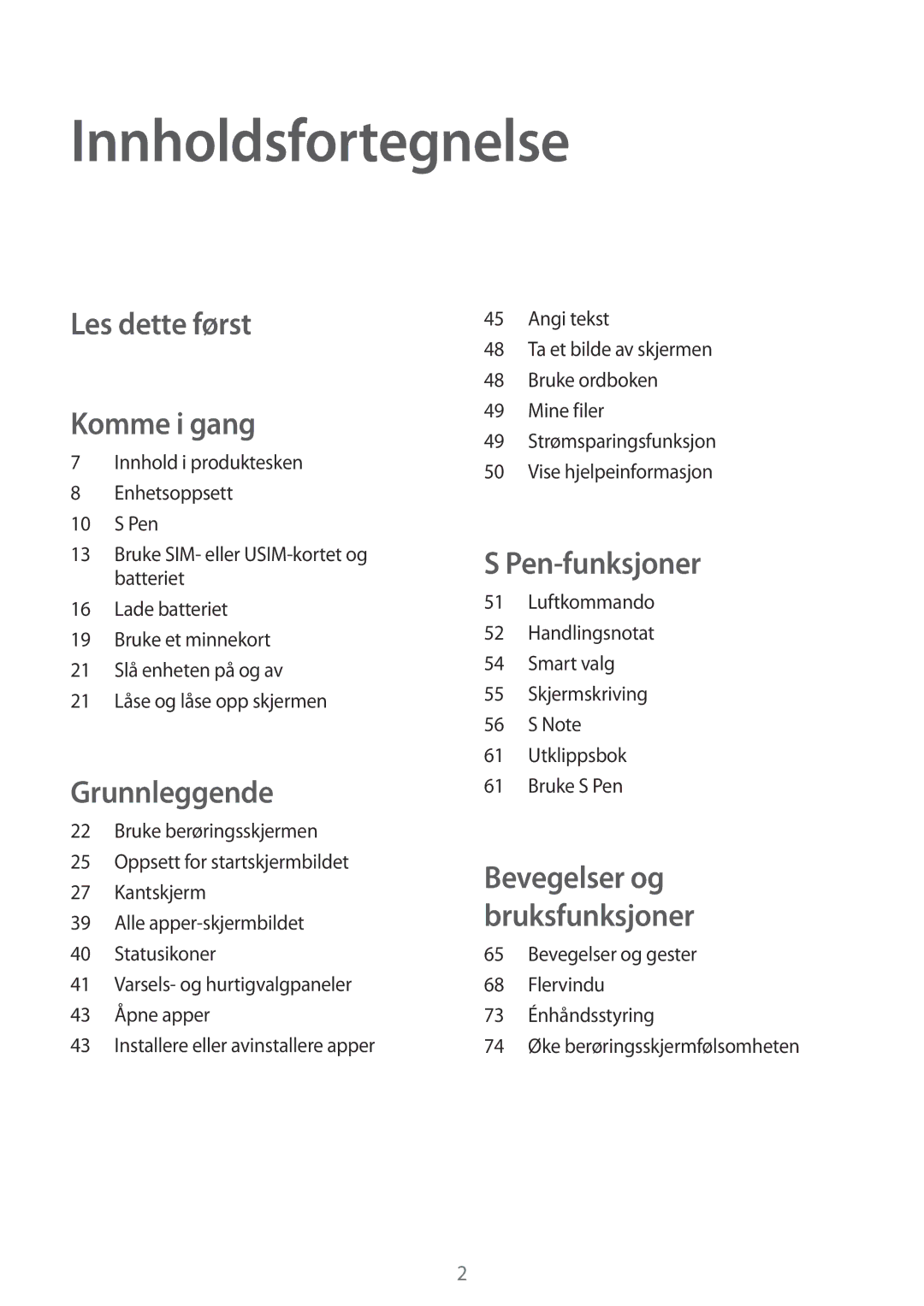 Samsung SM-N915FZWYNEE, SM-N915FZKYNEE manual Innholdsfortegnelse, Les dette først Komme i gang 