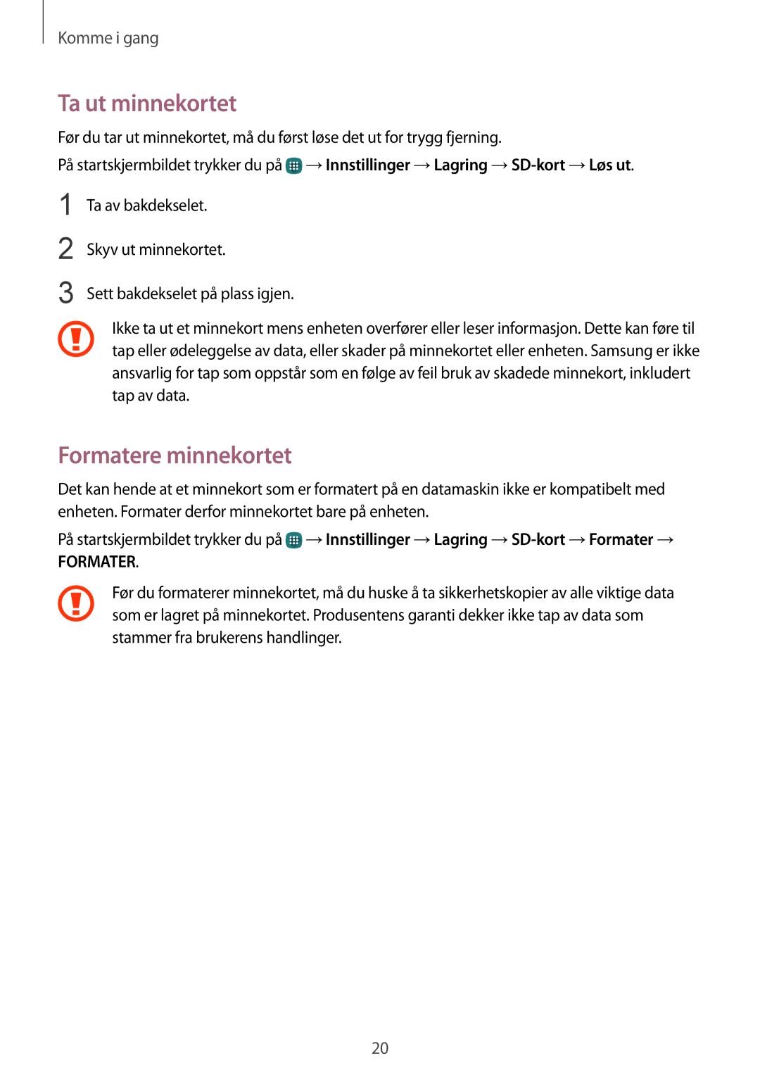 Samsung SM-N915FZWYNEE, SM-N915FZKYNEE manual Ta ut minnekortet, Formatere minnekortet 