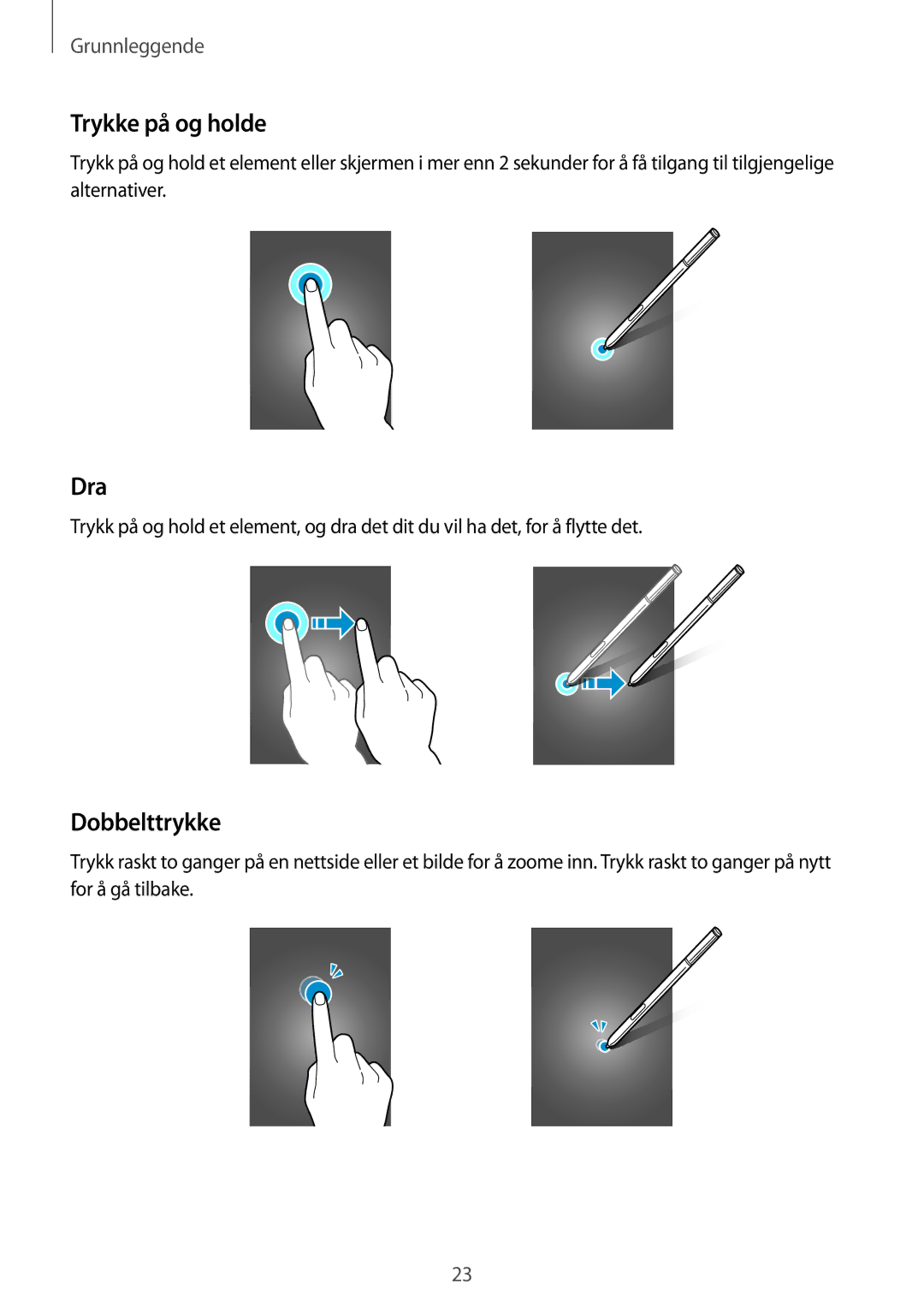 Samsung SM-N915FZKYNEE, SM-N915FZWYNEE manual Trykke på og holde, Dra, Dobbelttrykke 