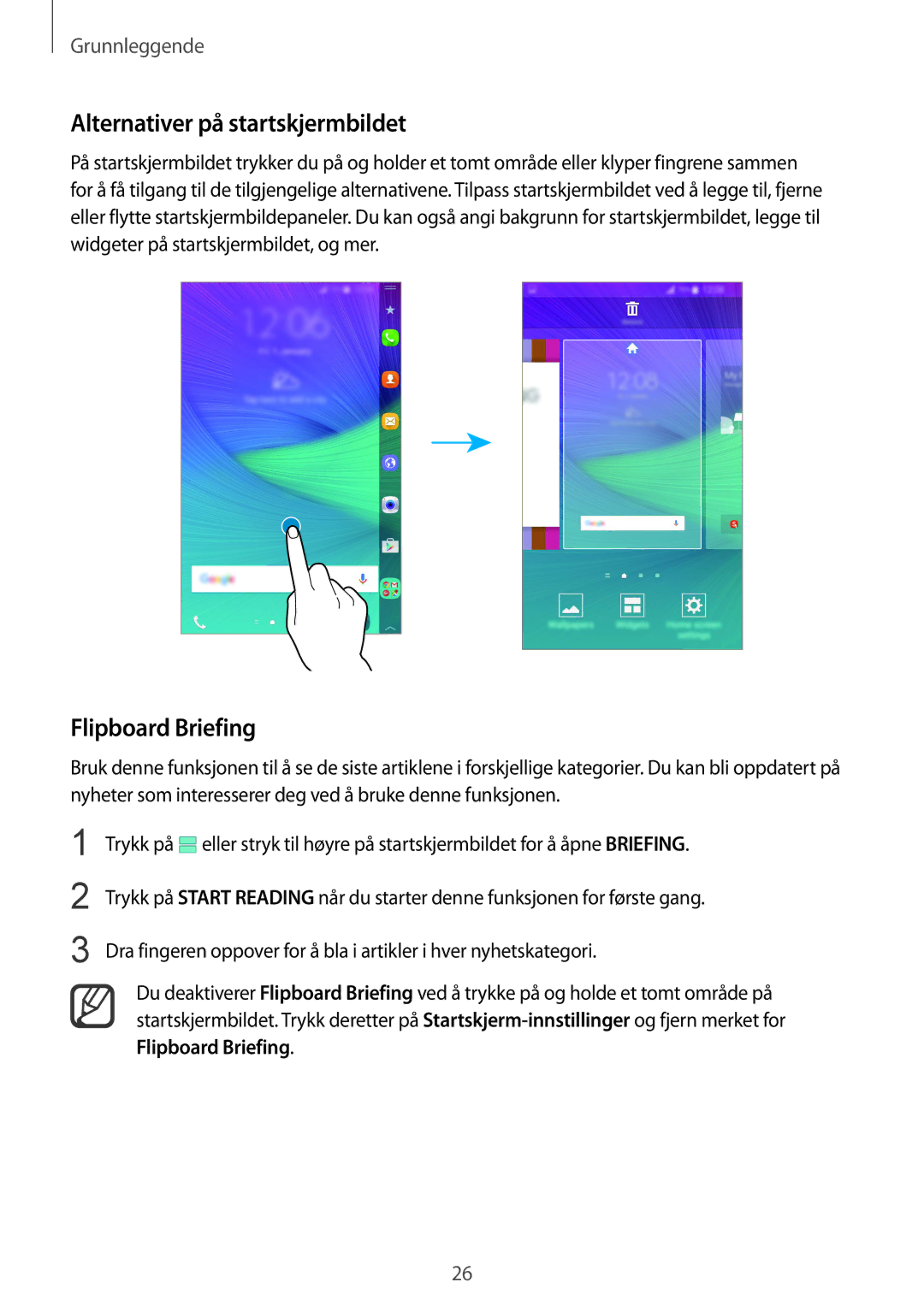 Samsung SM-N915FZWYNEE, SM-N915FZKYNEE manual Alternativer på startskjermbildet, Flipboard Briefing 