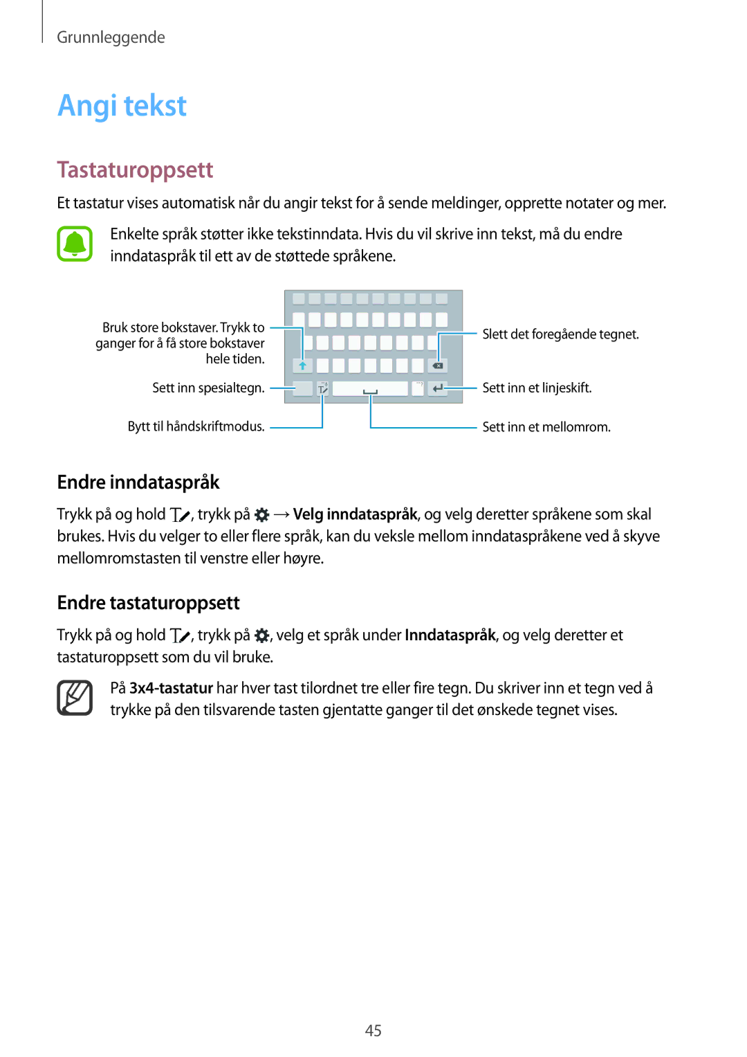 Samsung SM-N915FZKYNEE, SM-N915FZWYNEE manual Angi tekst, Tastaturoppsett, Endre inndataspråk, Endre tastaturoppsett 