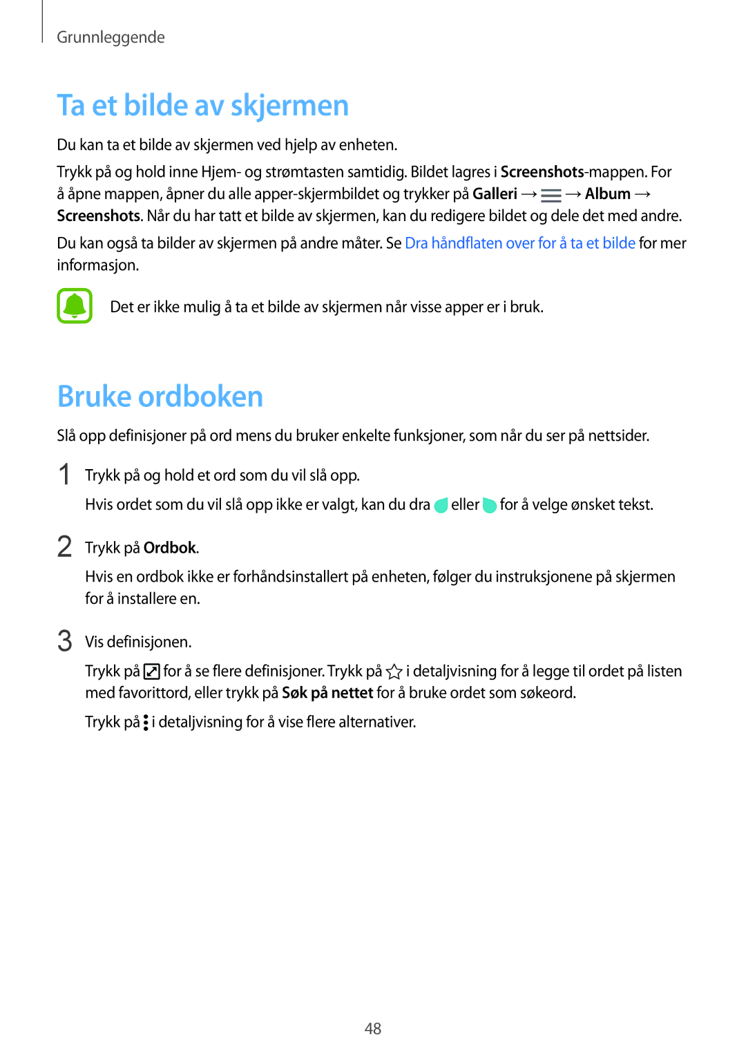 Samsung SM-N915FZWYNEE manual Ta et bilde av skjermen, Bruke ordboken, Du kan ta et bilde av skjermen ved hjelp av enheten 