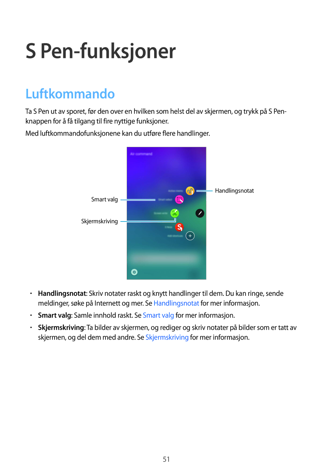 Samsung SM-N915FZKYNEE, SM-N915FZWYNEE manual Pen-funksjoner, Luftkommando 
