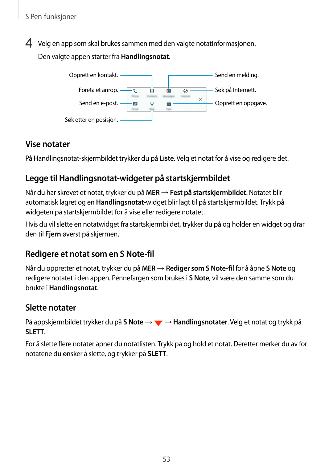 Samsung SM-N915FZKYNEE manual Vise notater, Legge til Handlingsnotat-widgeter på startskjermbildet, Slette notater 