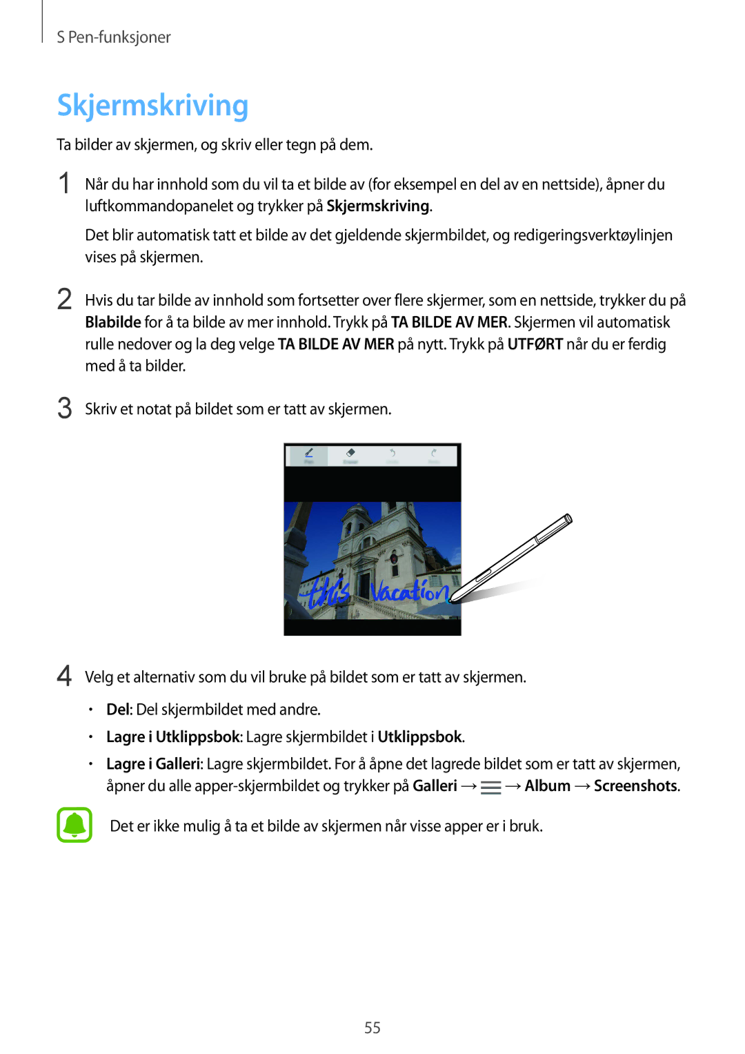 Samsung SM-N915FZKYNEE, SM-N915FZWYNEE manual Skjermskriving, Lagre i Utklippsbok Lagre skjermbildet i Utklippsbok 