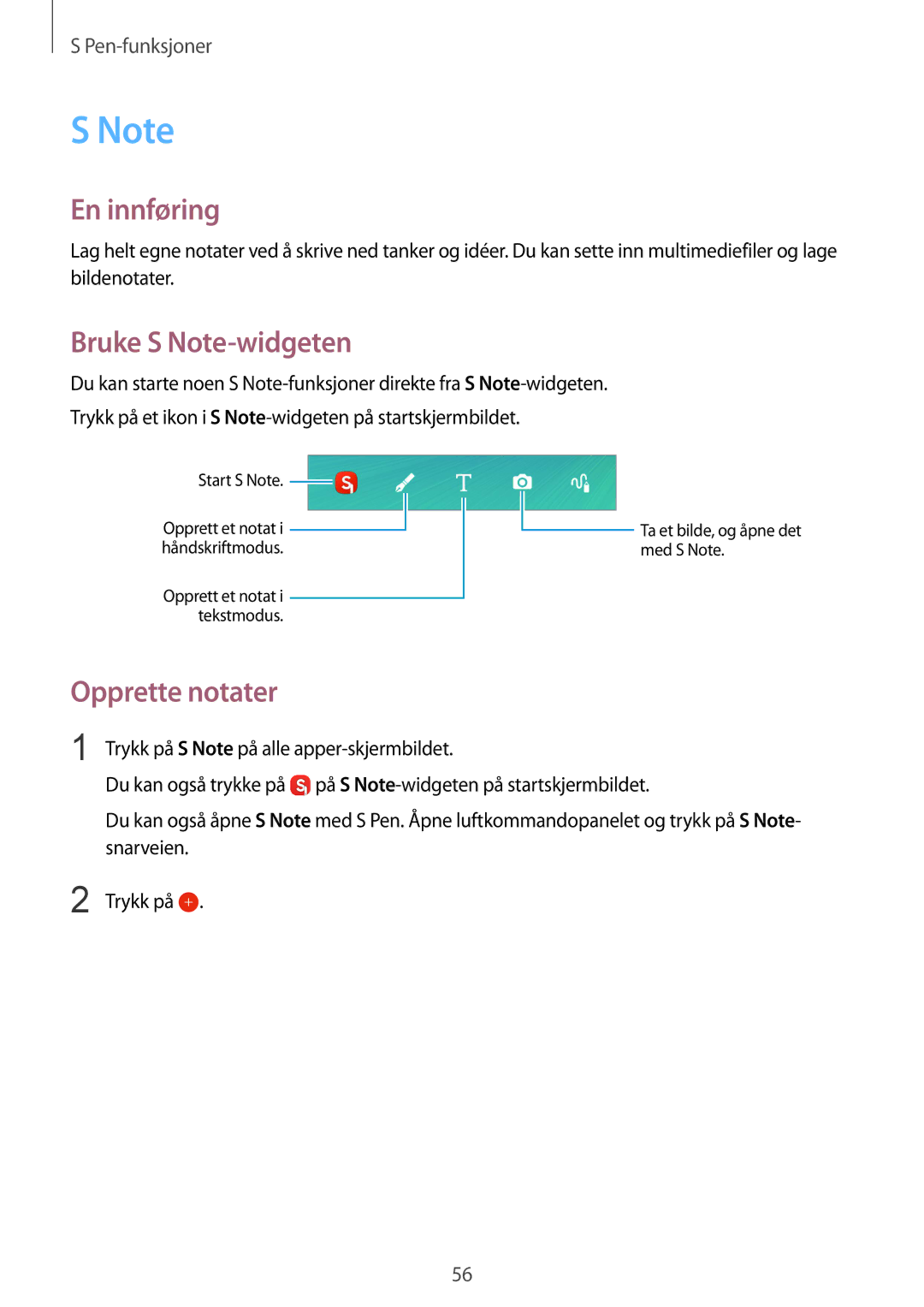 Samsung SM-N915FZWYNEE, SM-N915FZKYNEE manual Bruke S Note-widgeten, Opprette notater 