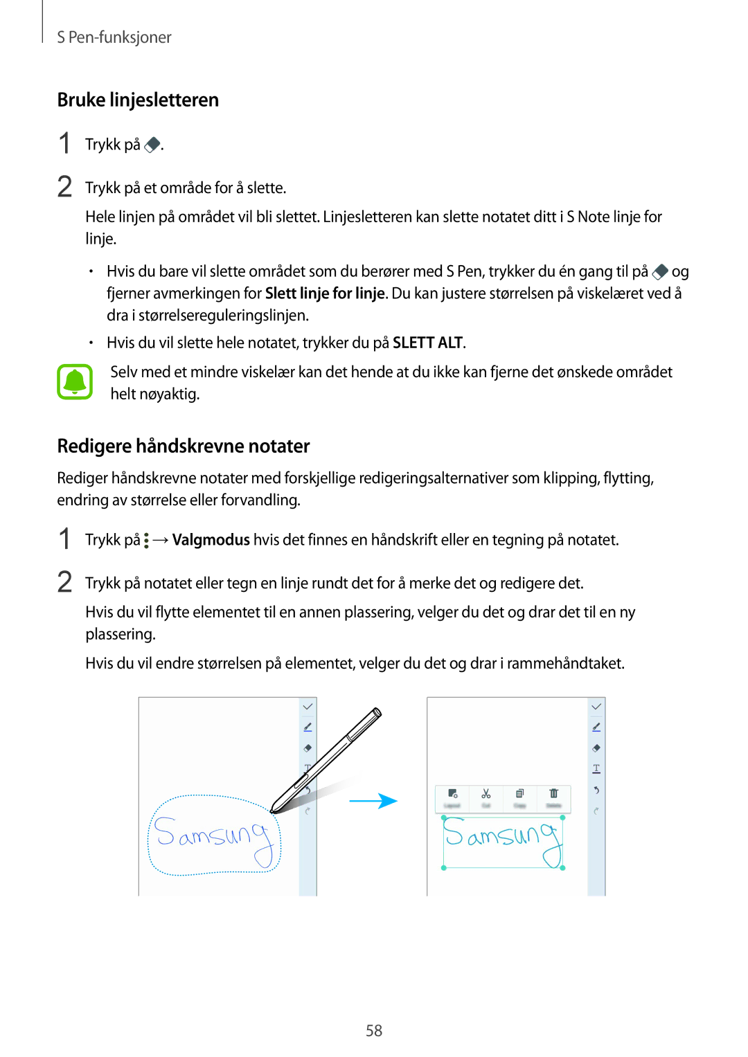 Samsung SM-N915FZWYNEE, SM-N915FZKYNEE manual Bruke linjesletteren, Redigere håndskrevne notater 