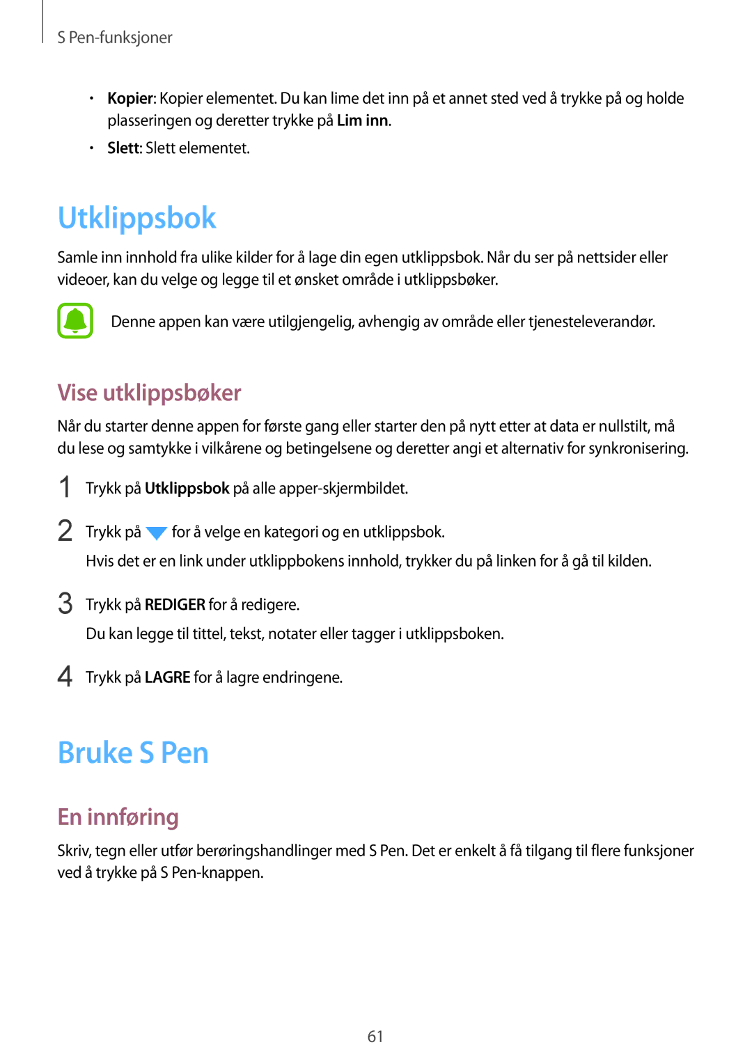 Samsung SM-N915FZKYNEE, SM-N915FZWYNEE manual Utklippsbok, Bruke S Pen, Vise utklippsbøker 