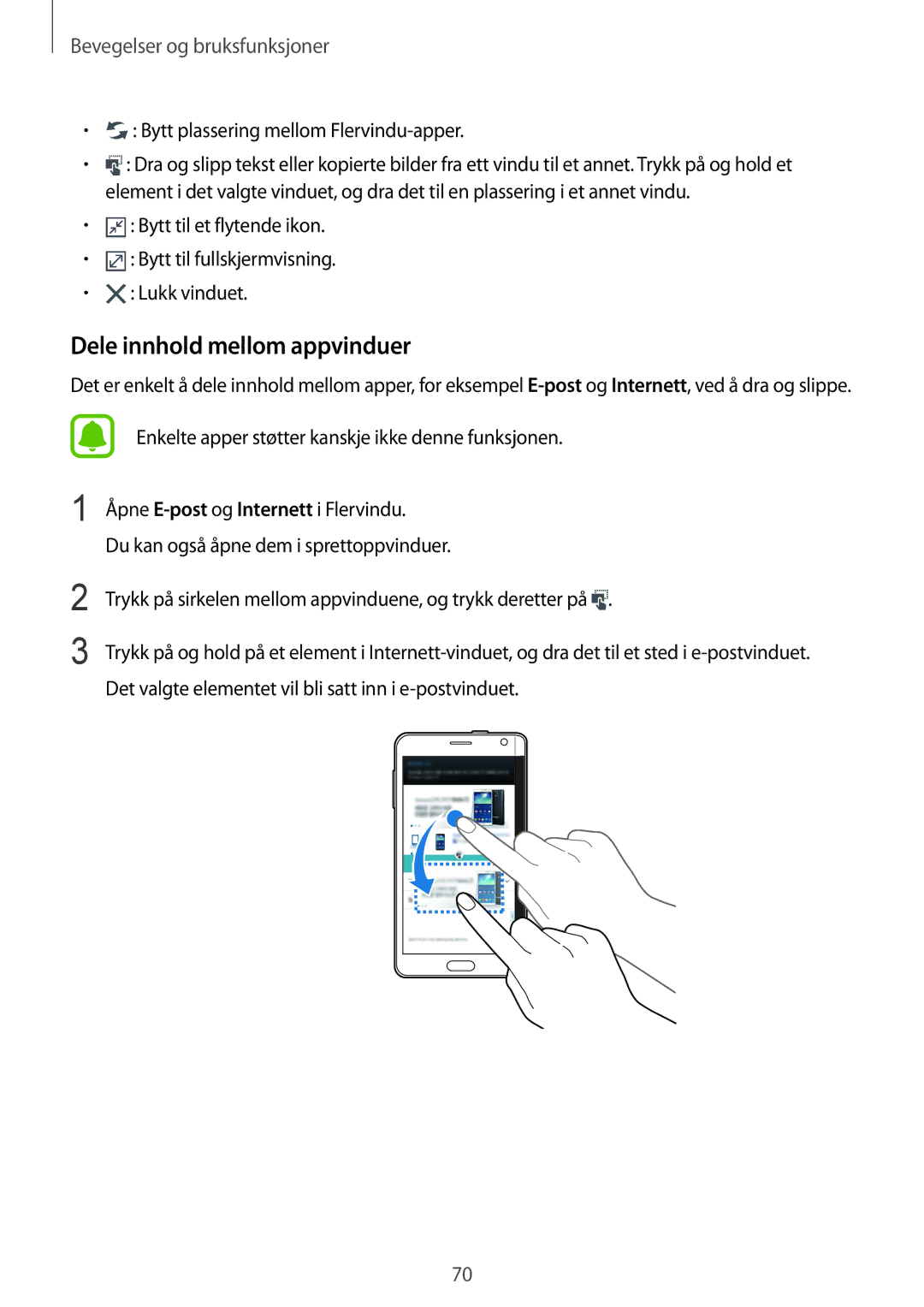 Samsung SM-N915FZWYNEE, SM-N915FZKYNEE manual Dele innhold mellom appvinduer, Bytt plassering mellom Flervindu-apper 