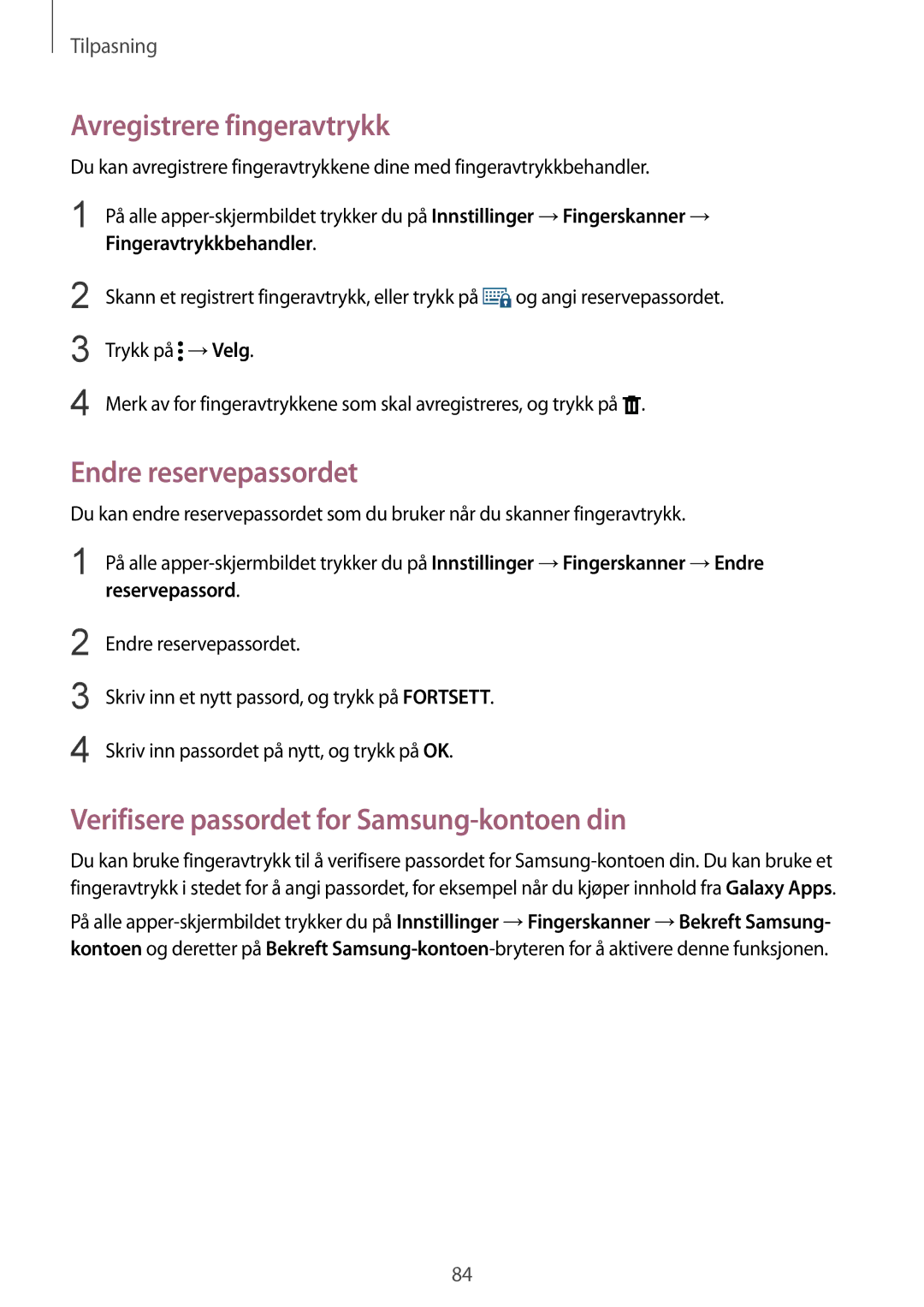 Samsung SM-N915FZWYNEE Avregistrere fingeravtrykk, Endre reservepassordet, Verifisere passordet for Samsung-kontoen din 