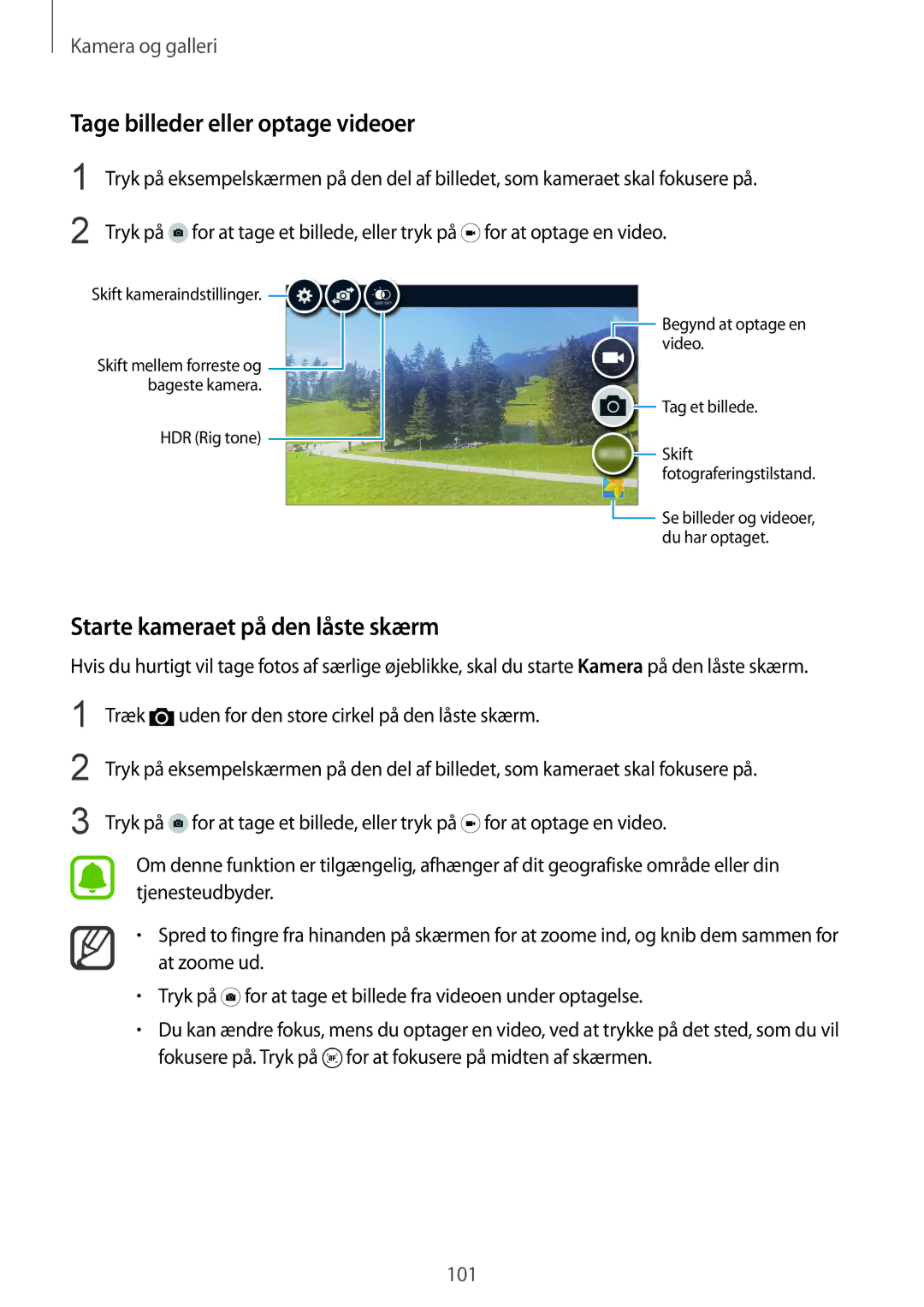 Samsung SM-N915FZKYNEE, SM-N915FZWYNEE manual Tage billeder eller optage videoer, Starte kameraet på den låste skærm 