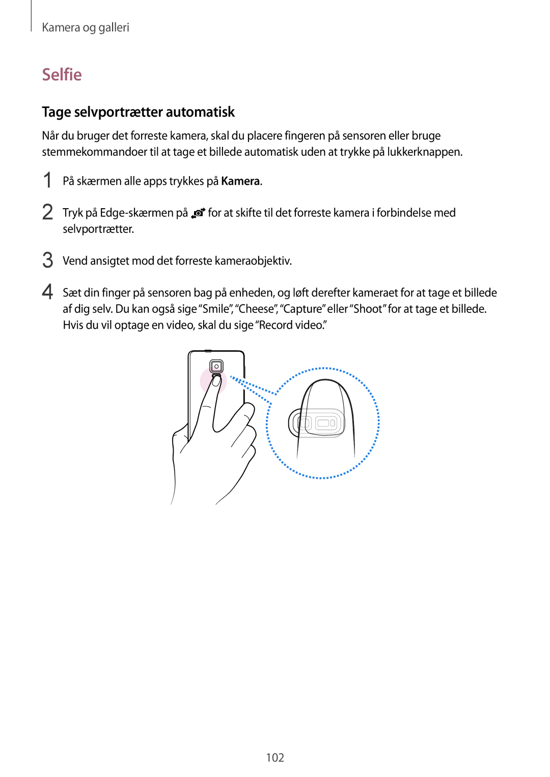 Samsung SM-N915FZWYNEE, SM-N915FZKYNEE manual Selfie, Tage selvportrætter automatisk 