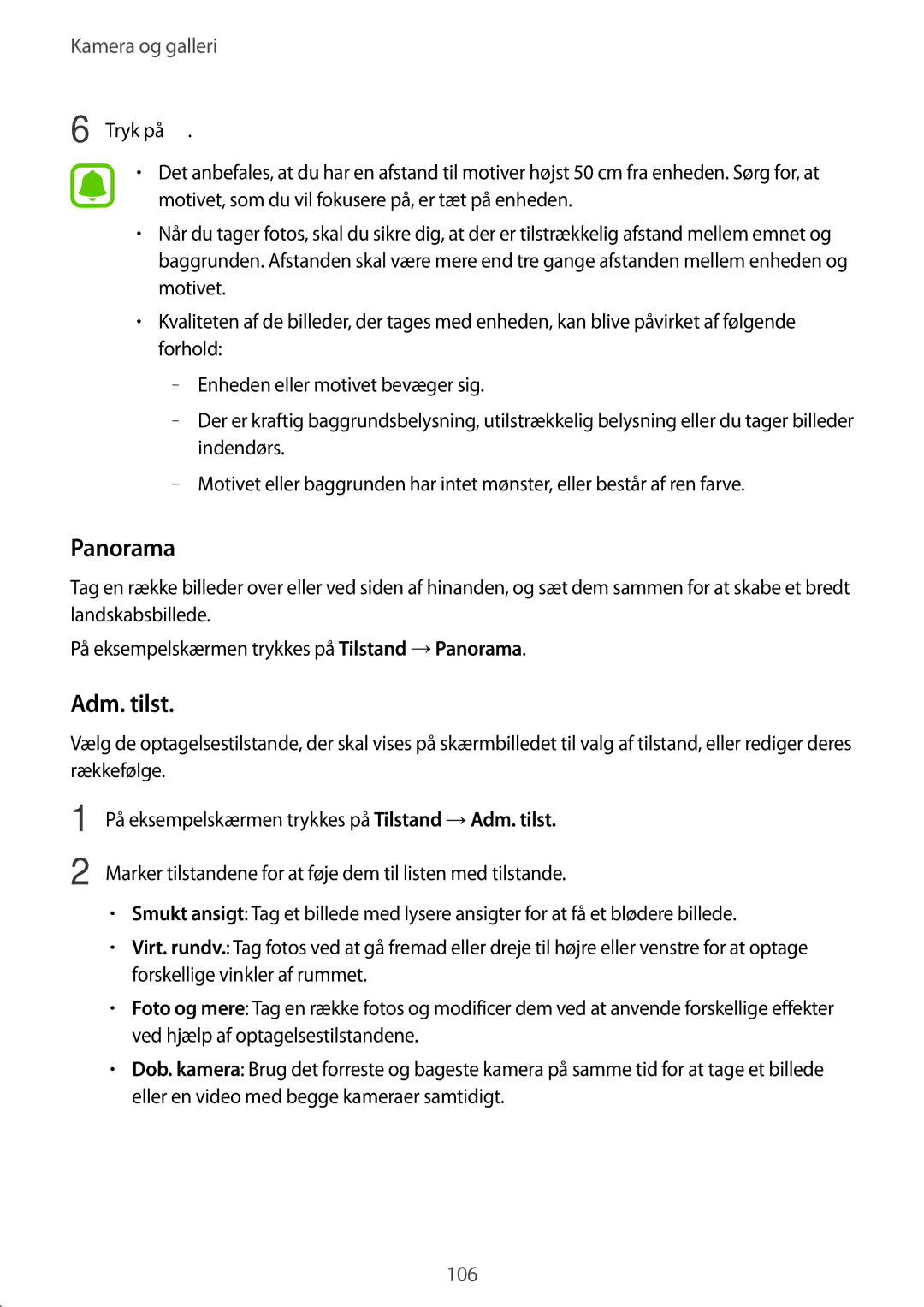 Samsung SM-N915FZWYNEE, SM-N915FZKYNEE manual Panorama, Adm. tilst 